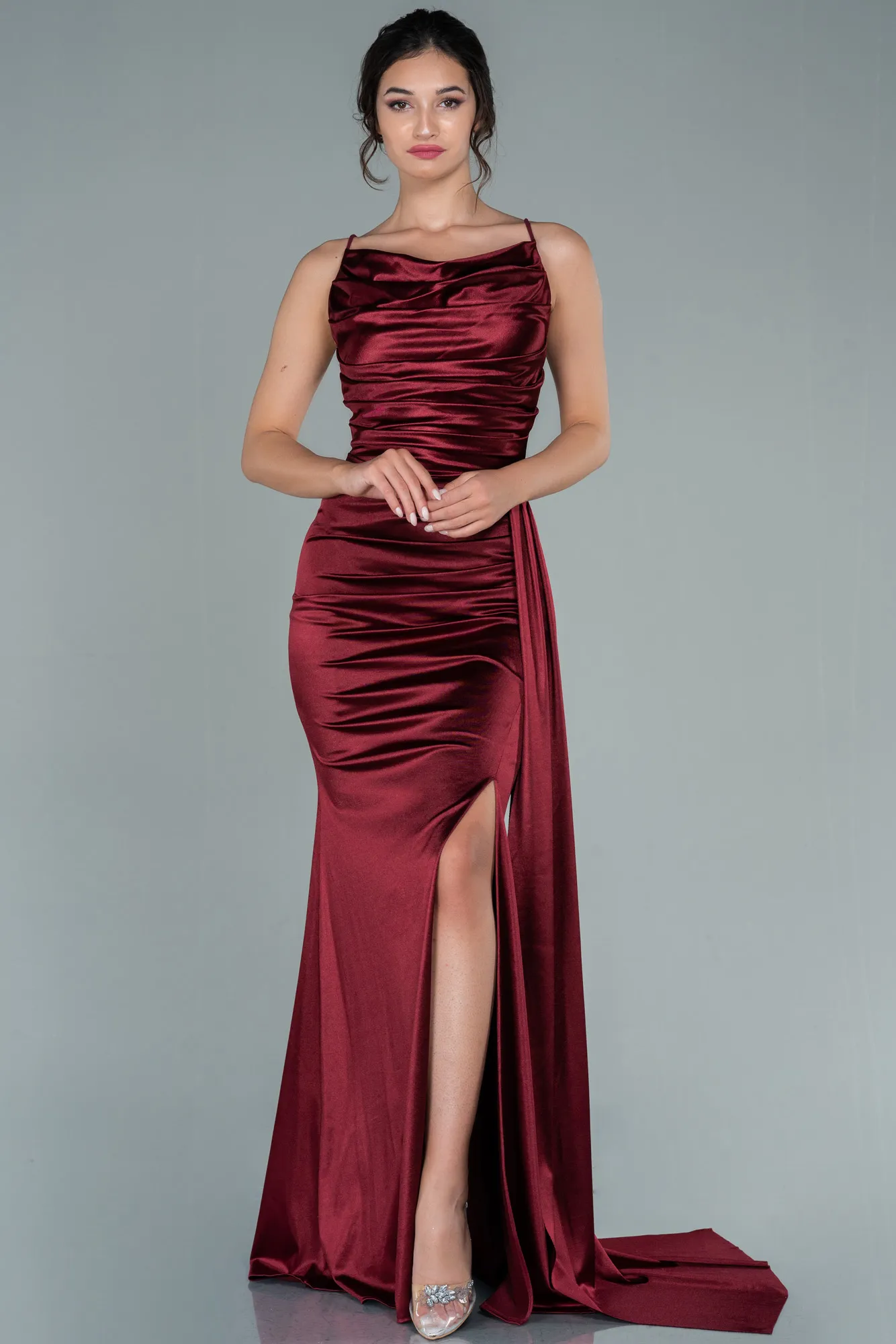Burgundy-Long Satin Prom Gown ABU2539