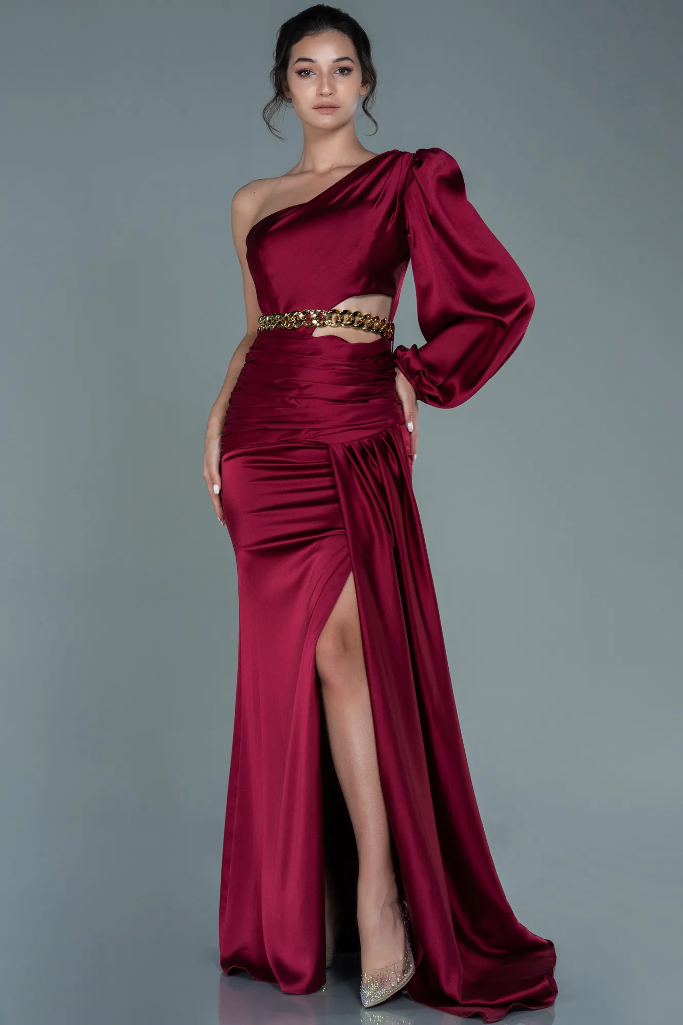 Burgundy-Long Satin Prom Gown ABU2625