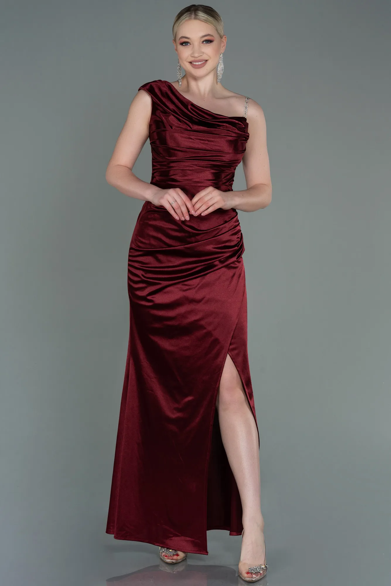 Burgundy-Long Satin Prom Gown ABU3138