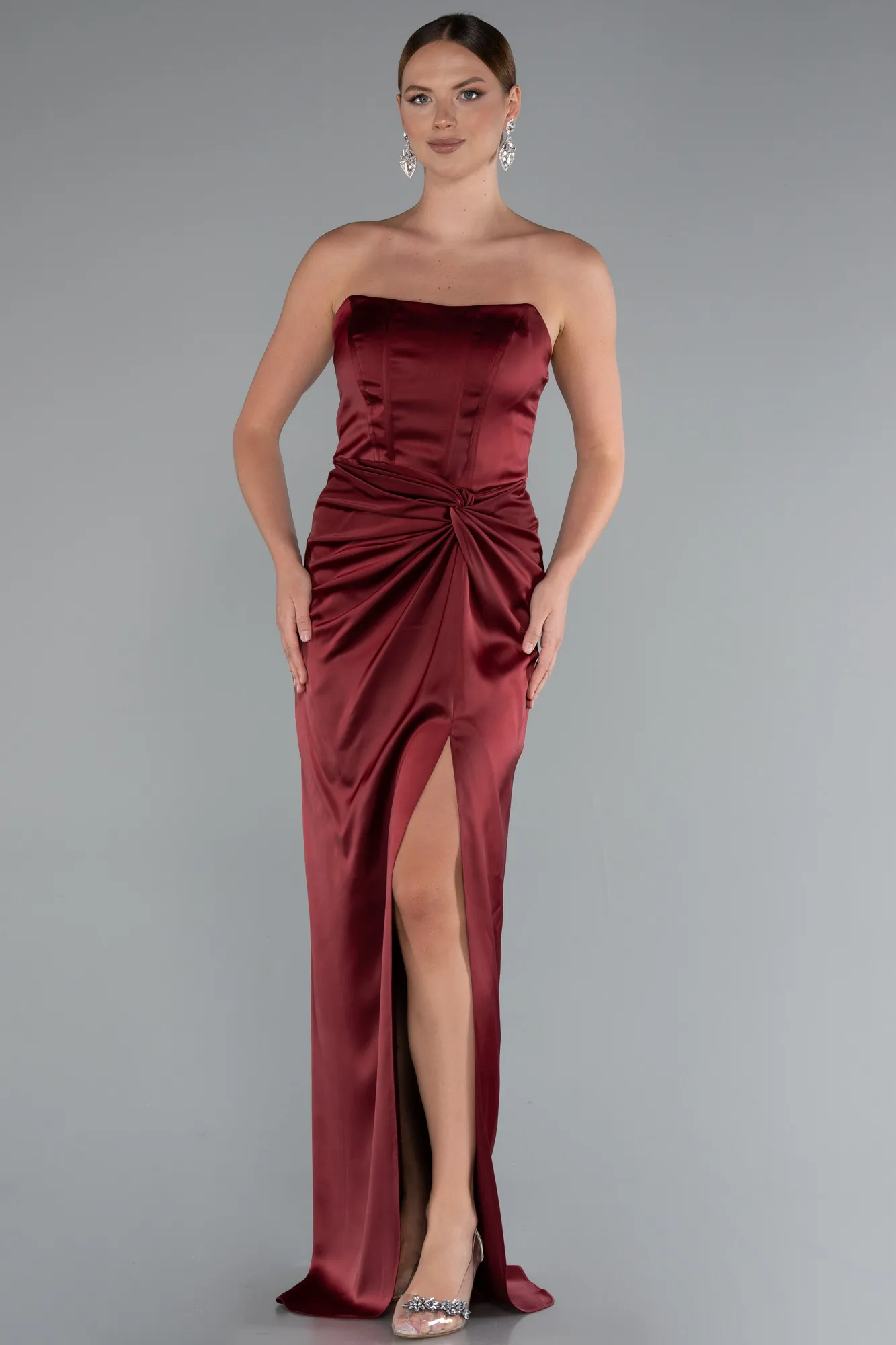Burgundy-Long Satin Prom Gown ABU3474