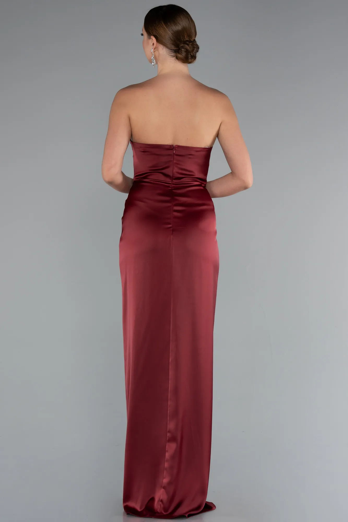 Burgundy-Long Satin Prom Gown ABU3474
