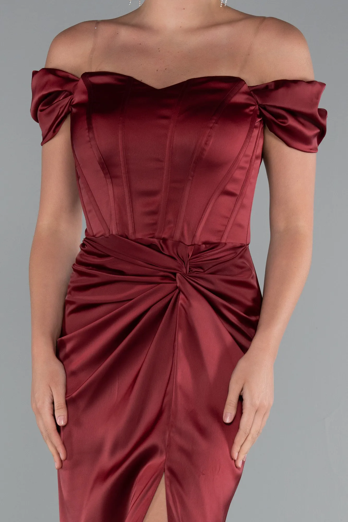 Burgundy-Long Satin Prom Gown ABU5061