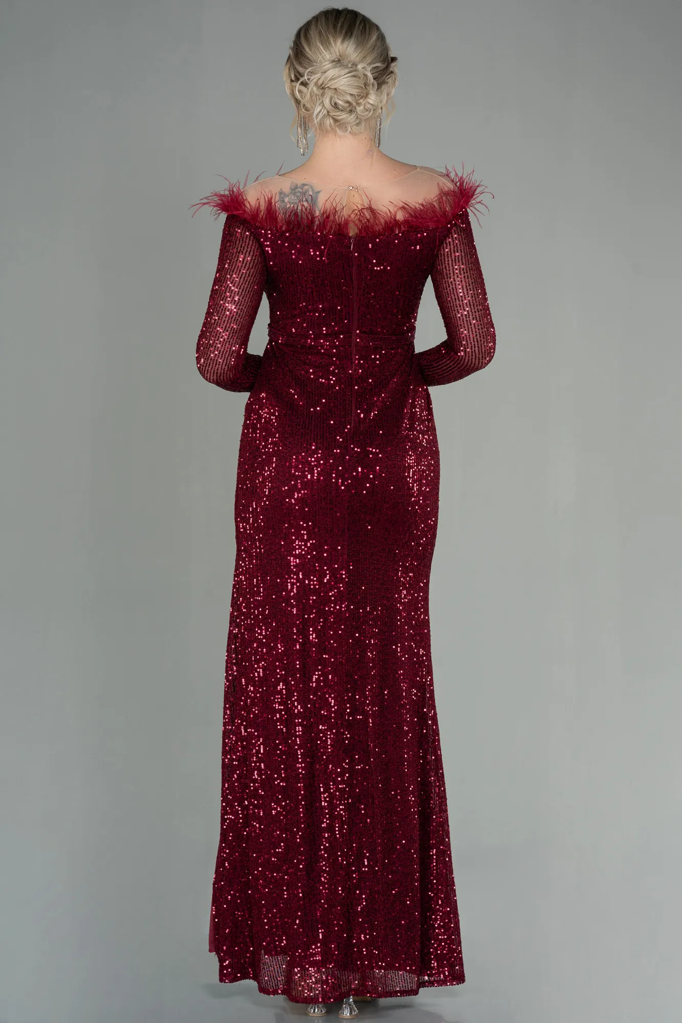Burgundy-Long Scaly Evening Dress ABU2820