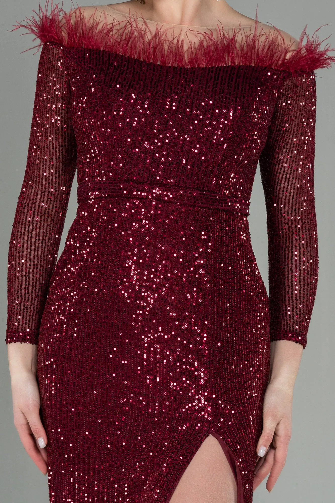 Burgundy-Long Scaly Evening Dress ABU2820