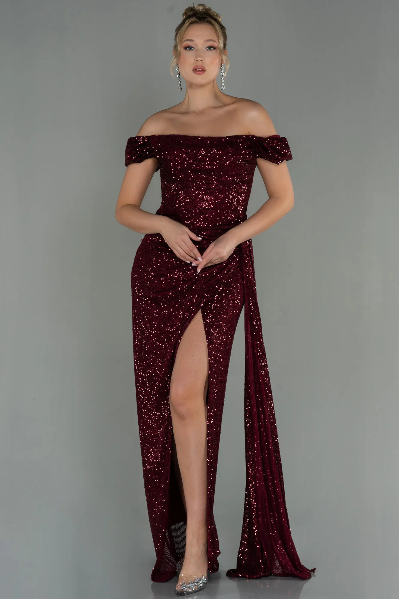 Burgundy-Long Scaly Evening Dress ABU2987