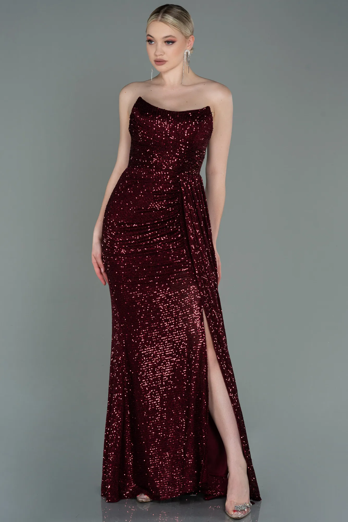Burgundy-Long Scaly Evening Dress ABU3134