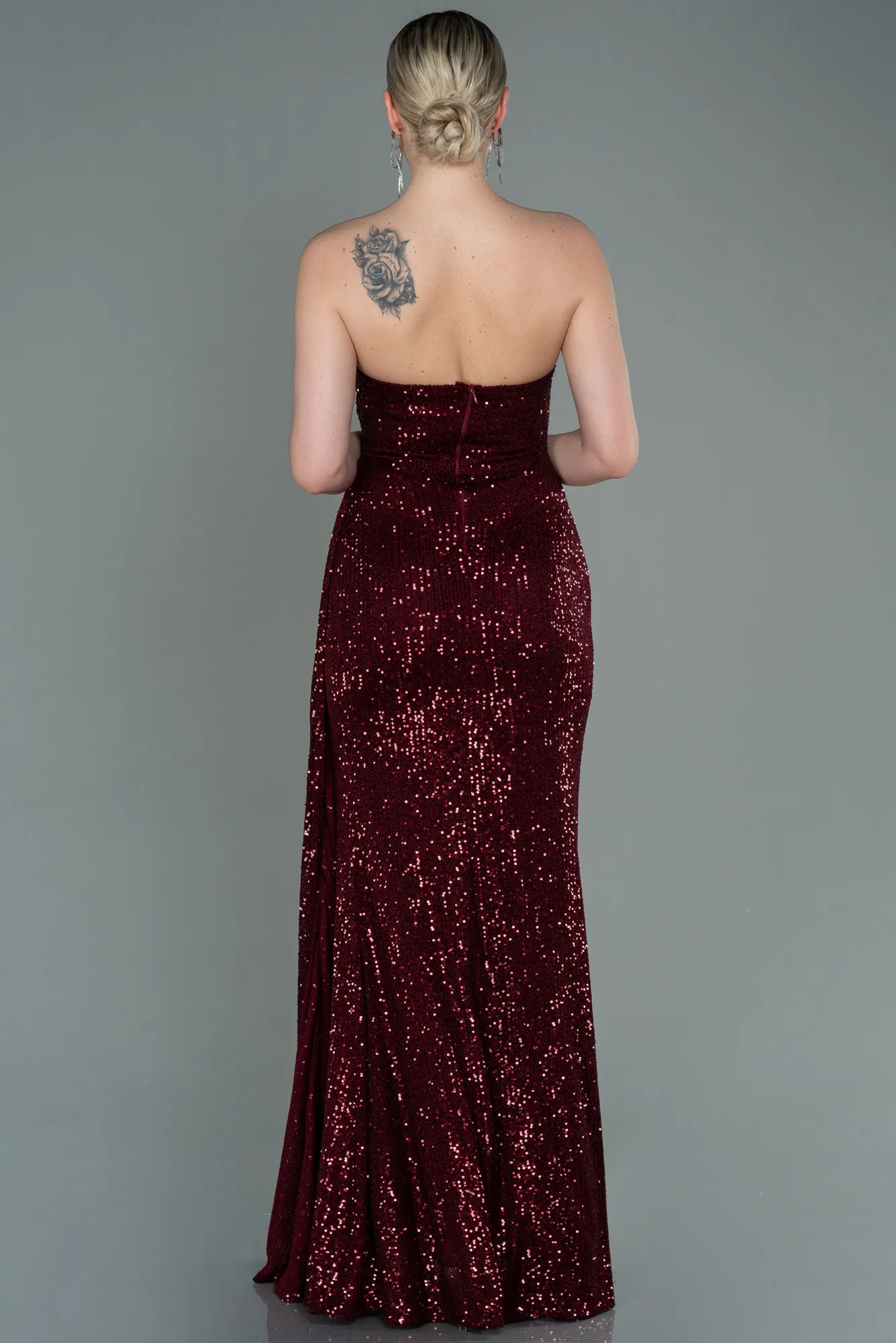Burgundy-Long Scaly Evening Dress ABU3134