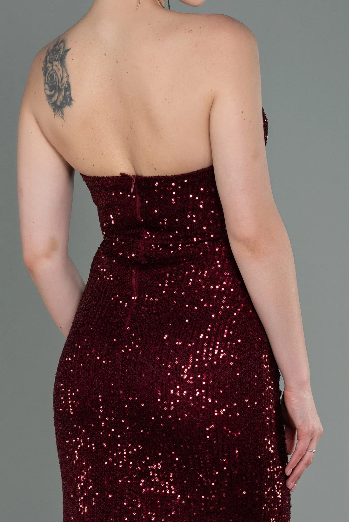 Burgundy-Long Scaly Evening Dress ABU3134