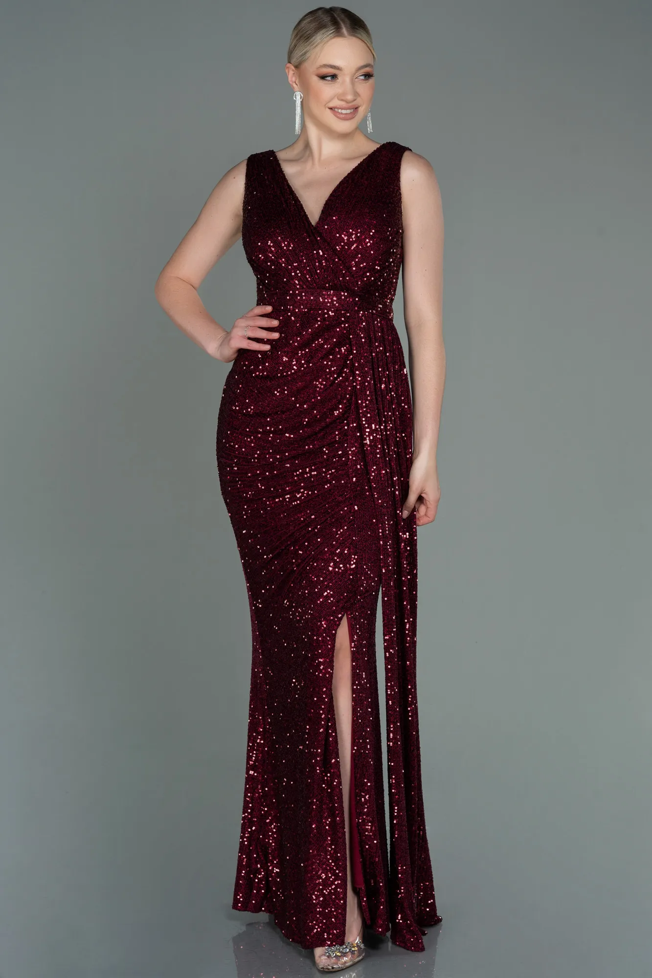 Burgundy-Long Scaly Evening Dress ABU3201