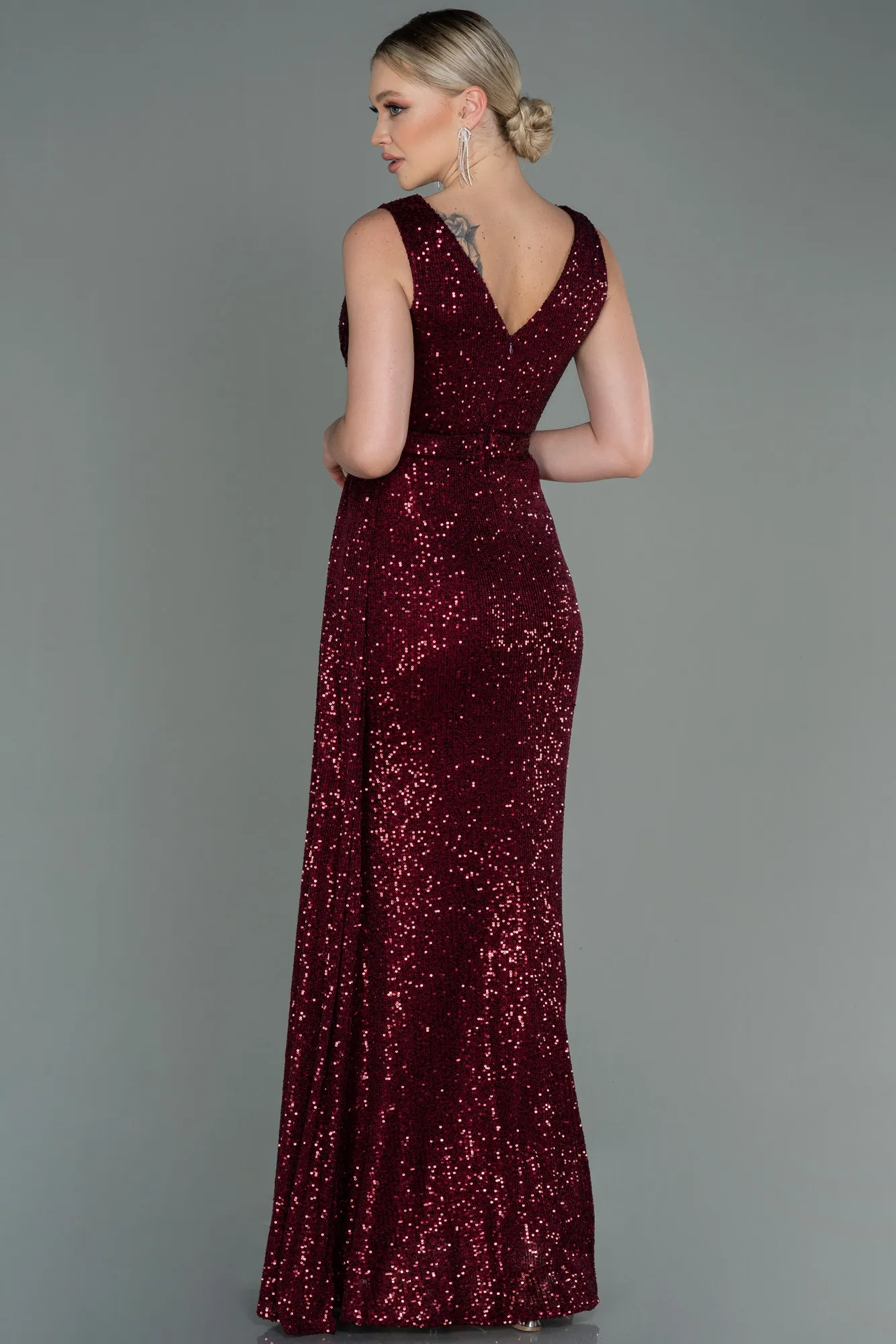 Burgundy-Long Scaly Evening Dress ABU3201