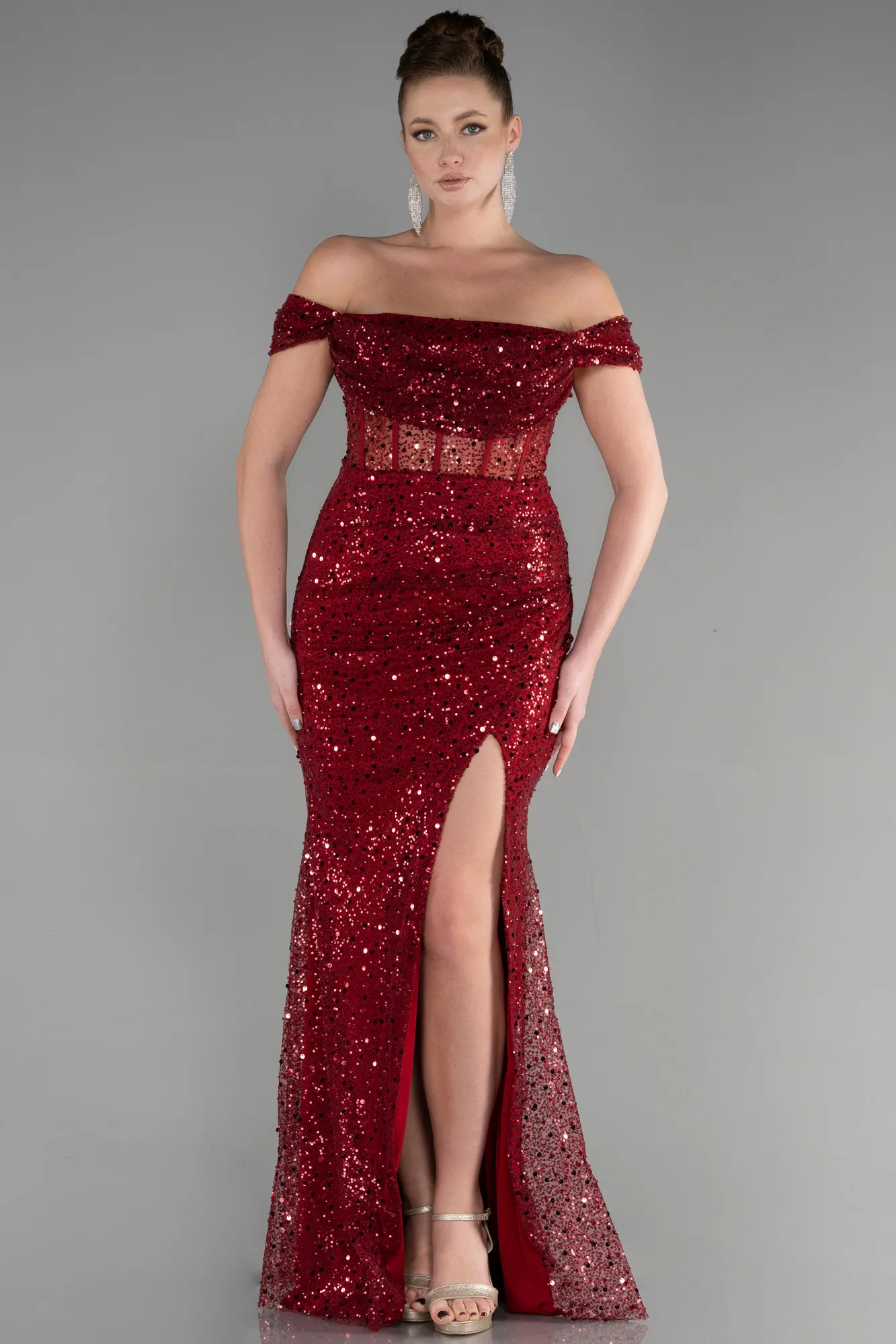 Burgundy-Long Scaly Evening Dress ABU3498