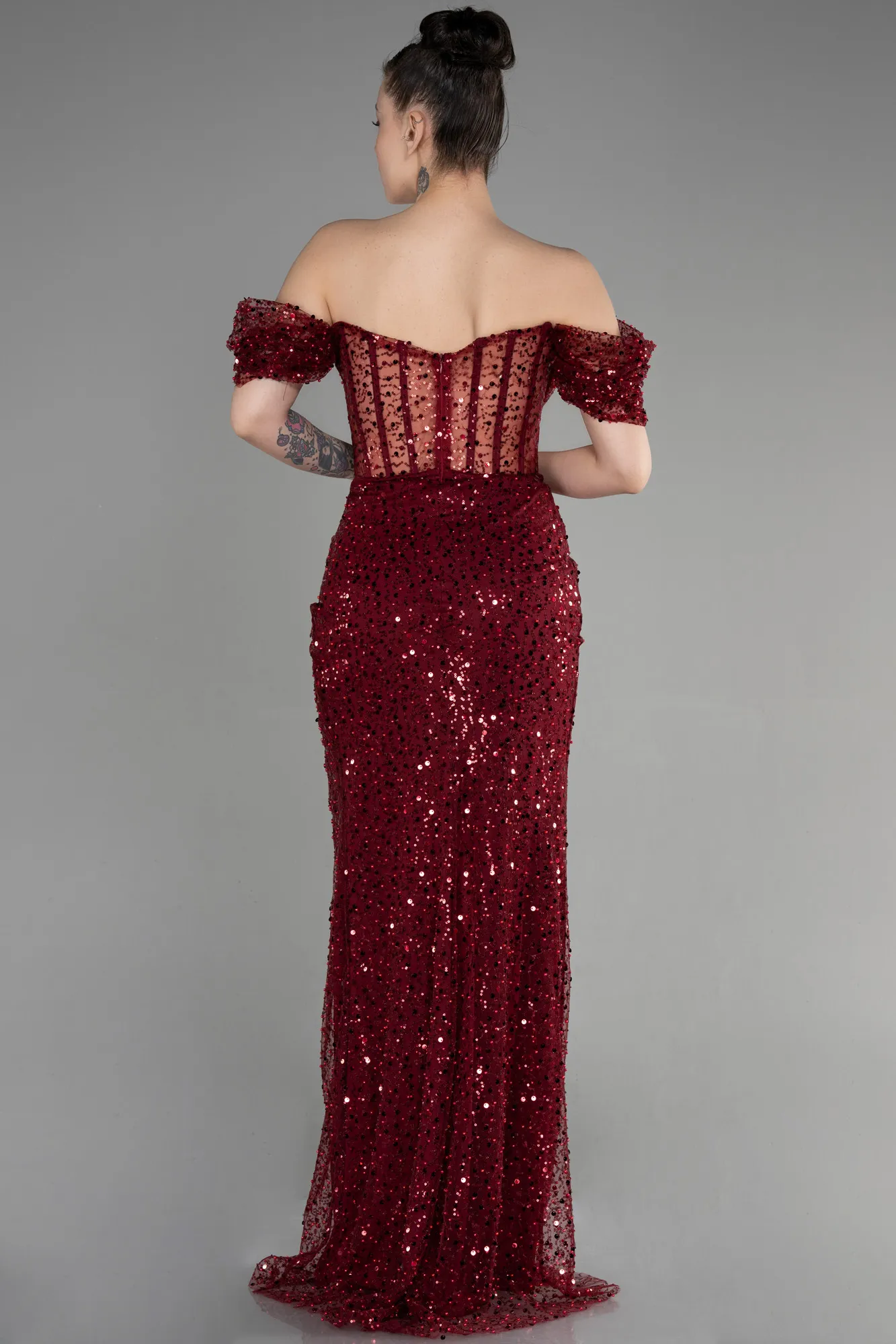 Burgundy-Long Scaly Evening Dress ABU3658