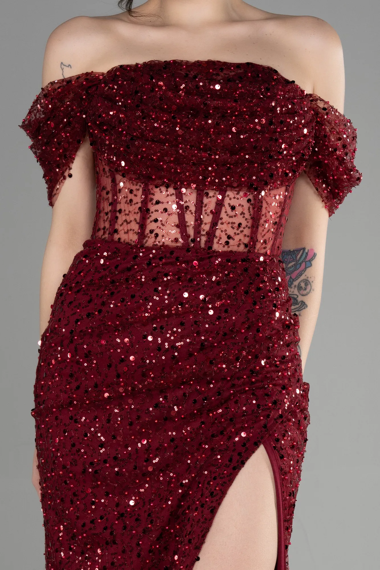 Burgundy-Long Scaly Evening Dress ABU3658