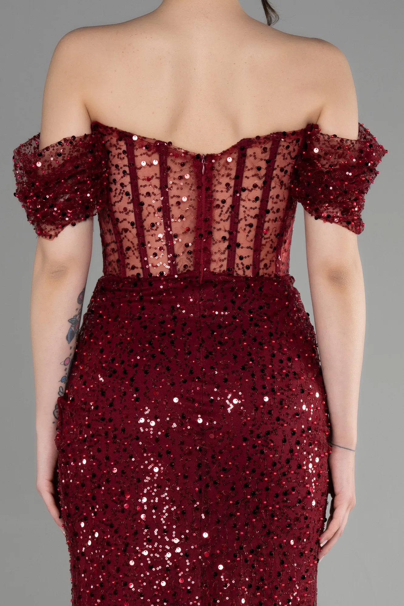 Burgundy-Long Scaly Evening Dress ABU3658