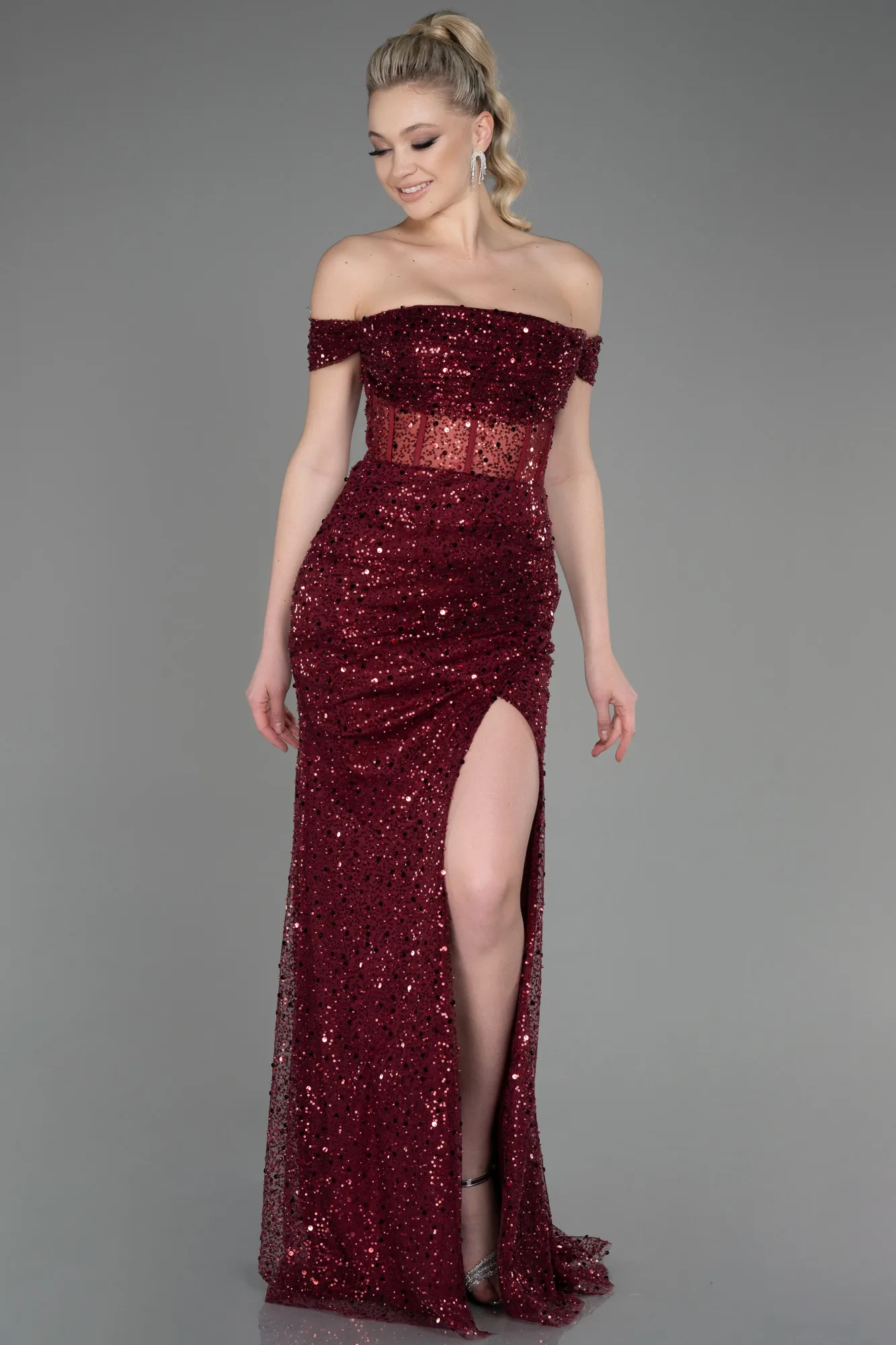 Burgundy-Long Scaly Evening Dress ABU3714