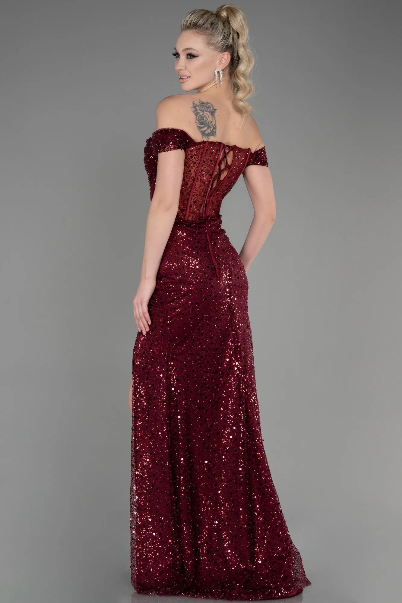 Burgundy-Long Scaly Evening Dress ABU3714