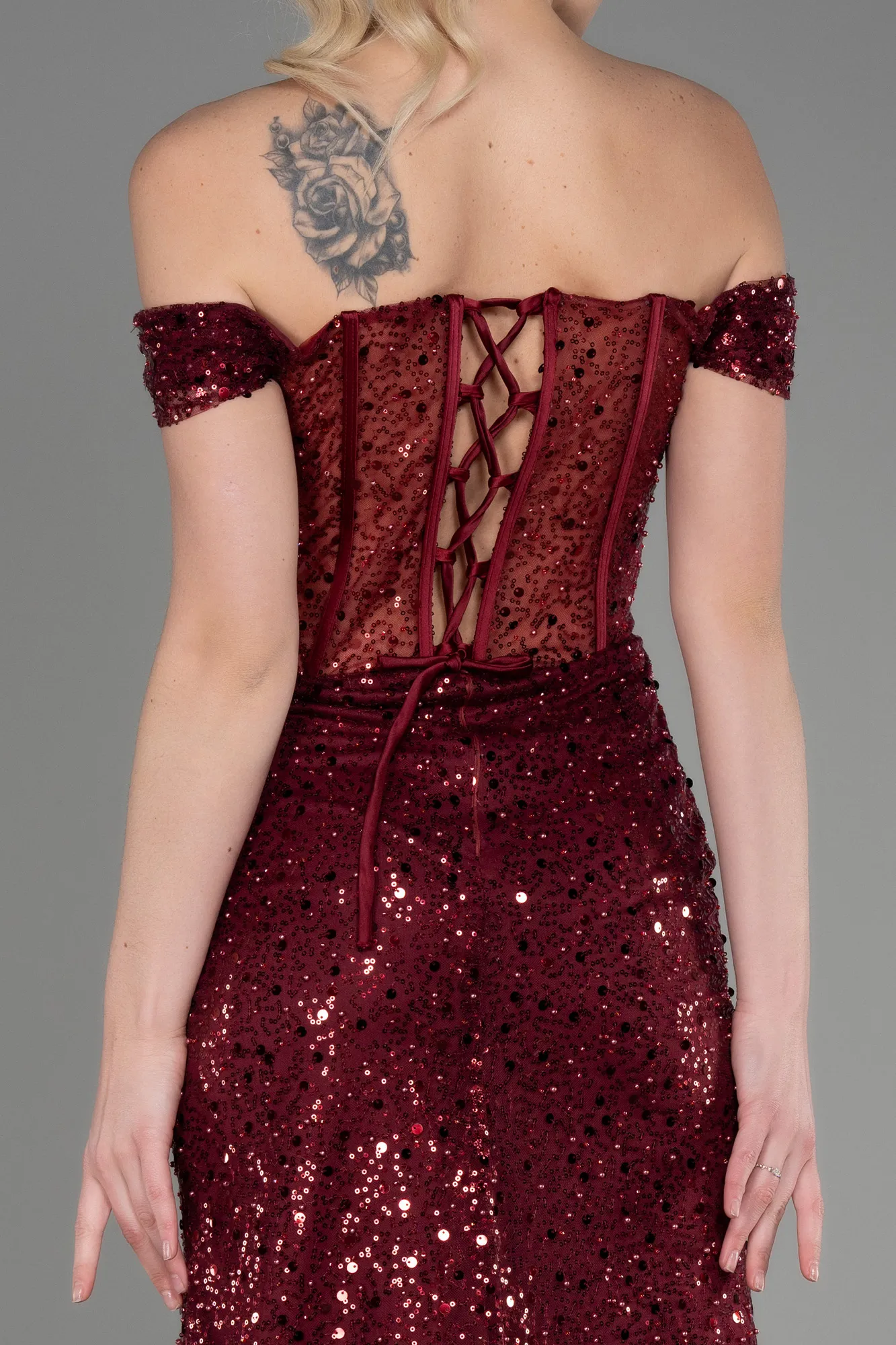 Burgundy-Long Scaly Evening Dress ABU3714