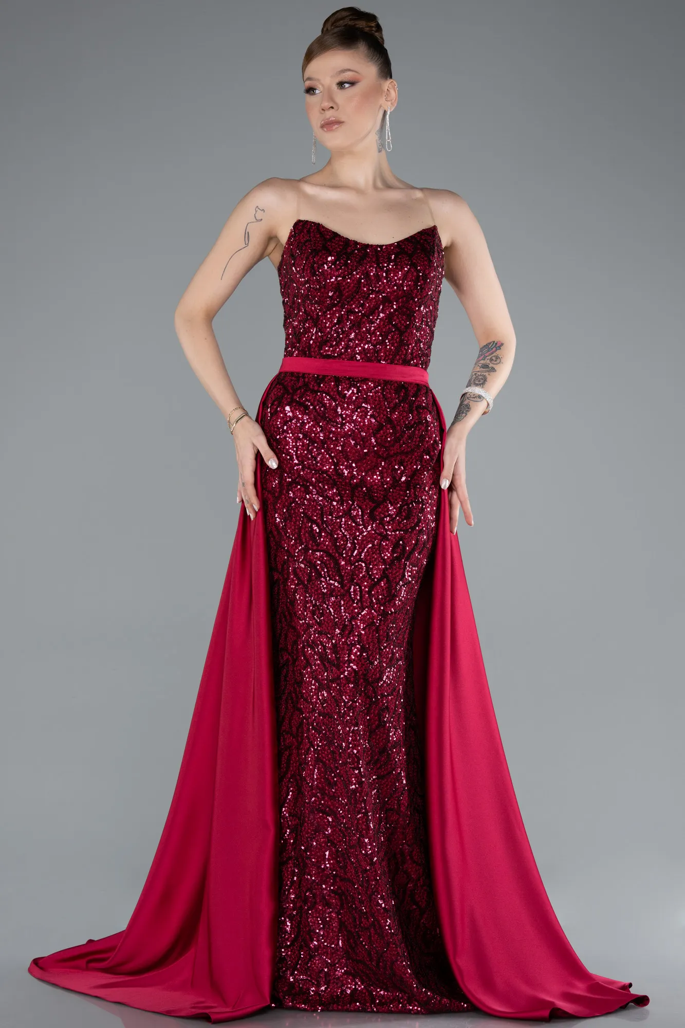 Burgundy-Long Scaly Evening Dress ABU4913