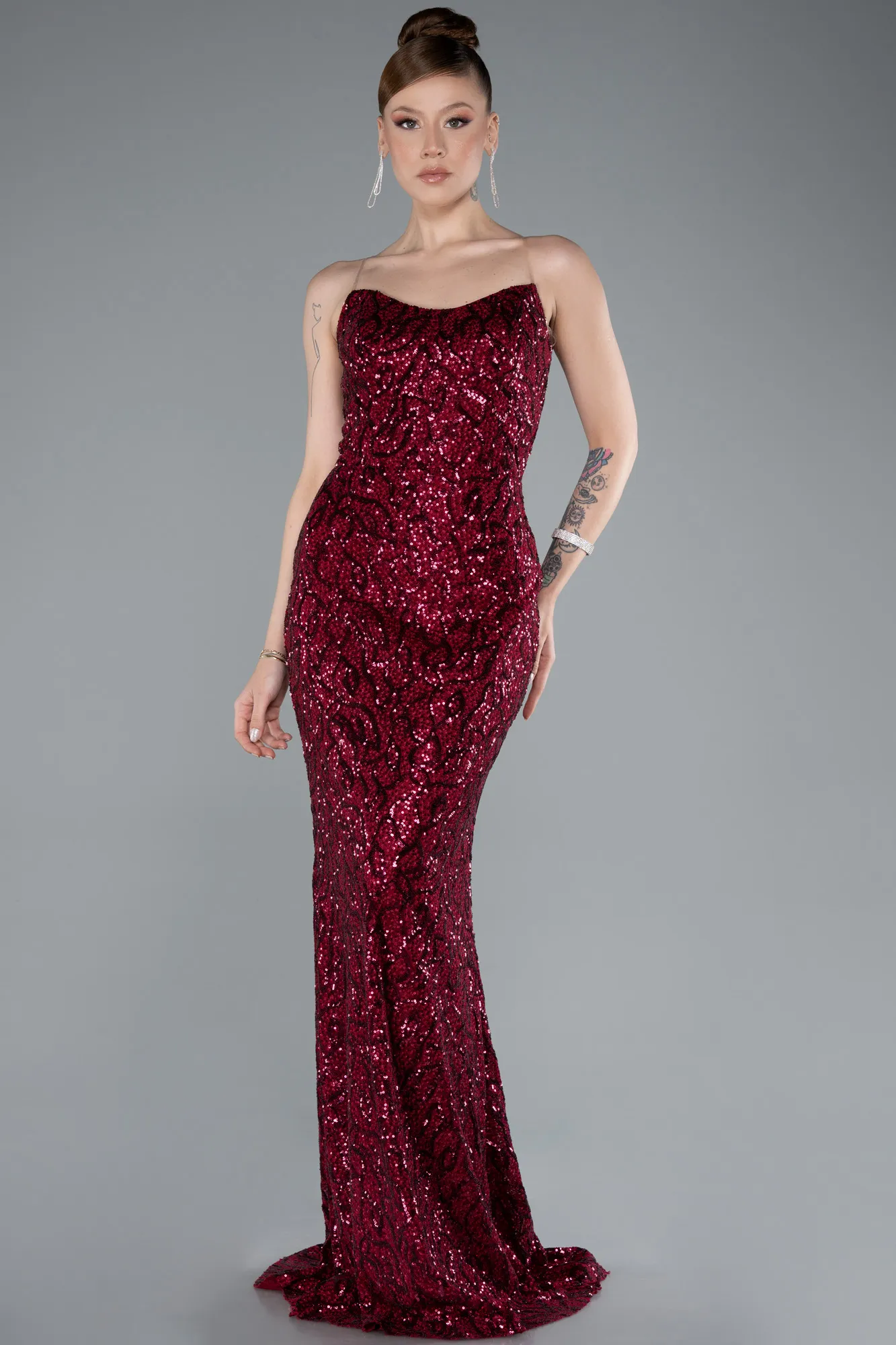 Burgundy-Long Scaly Evening Dress ABU4913