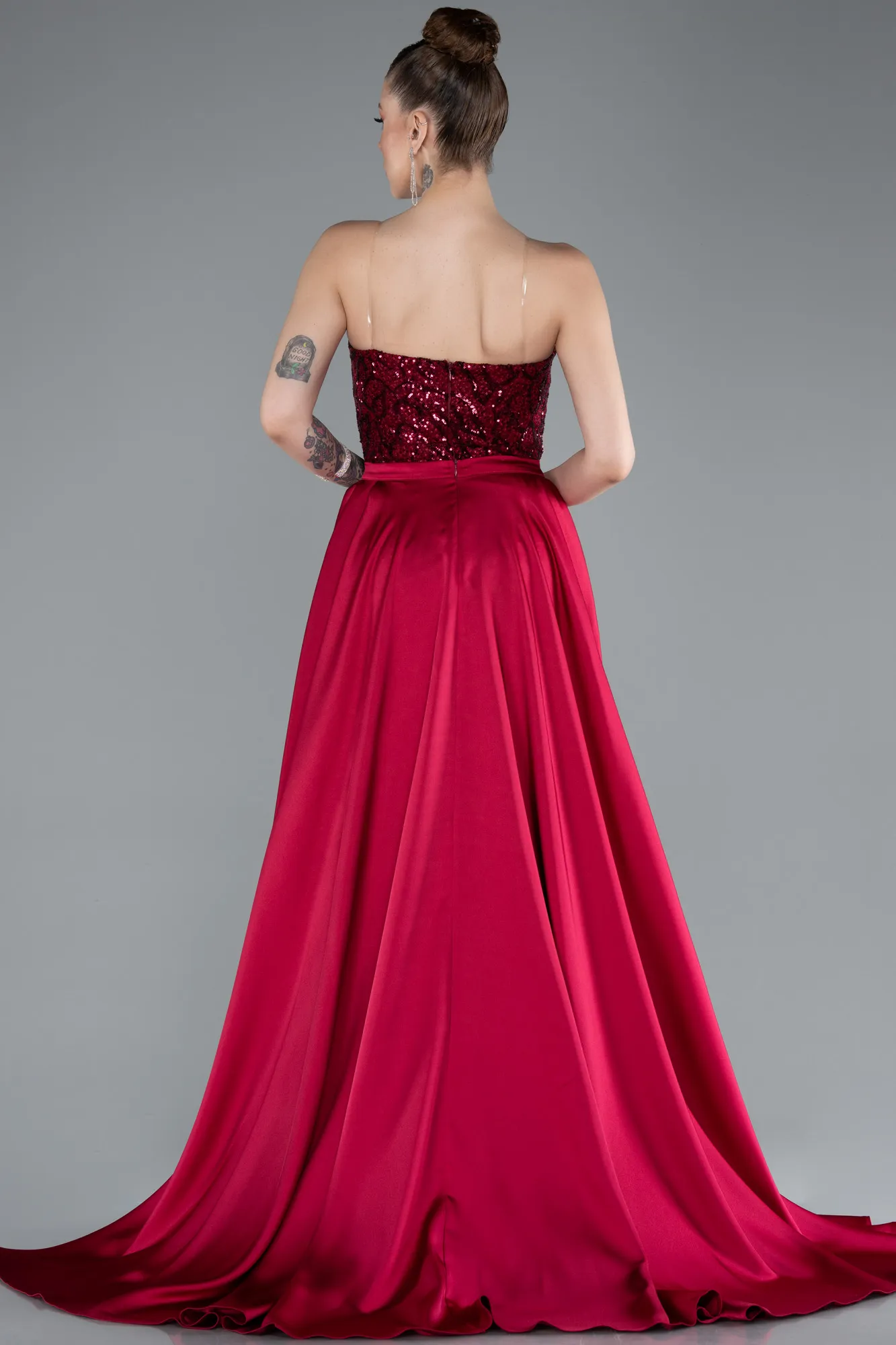 Burgundy-Long Scaly Evening Dress ABU4913