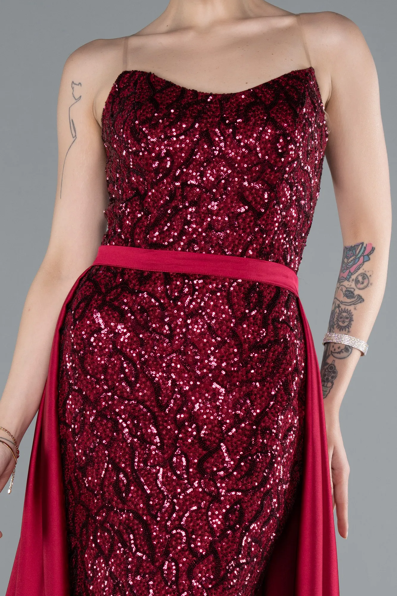 Burgundy-Long Scaly Evening Dress ABU4913