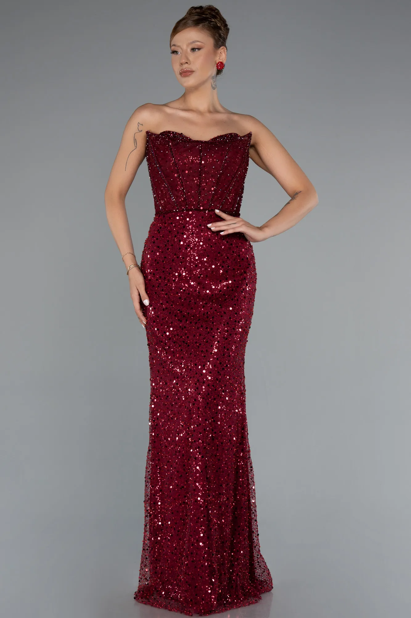 Burgundy-Long Scaly Evening Dress ABU5069