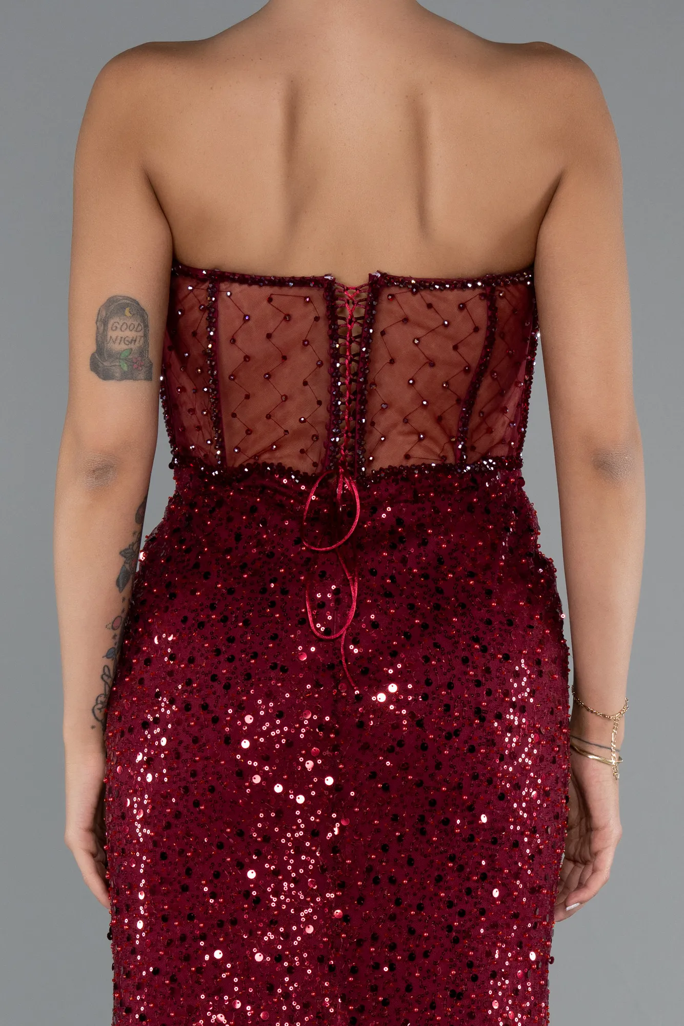 Burgundy-Long Scaly Evening Dress ABU5069