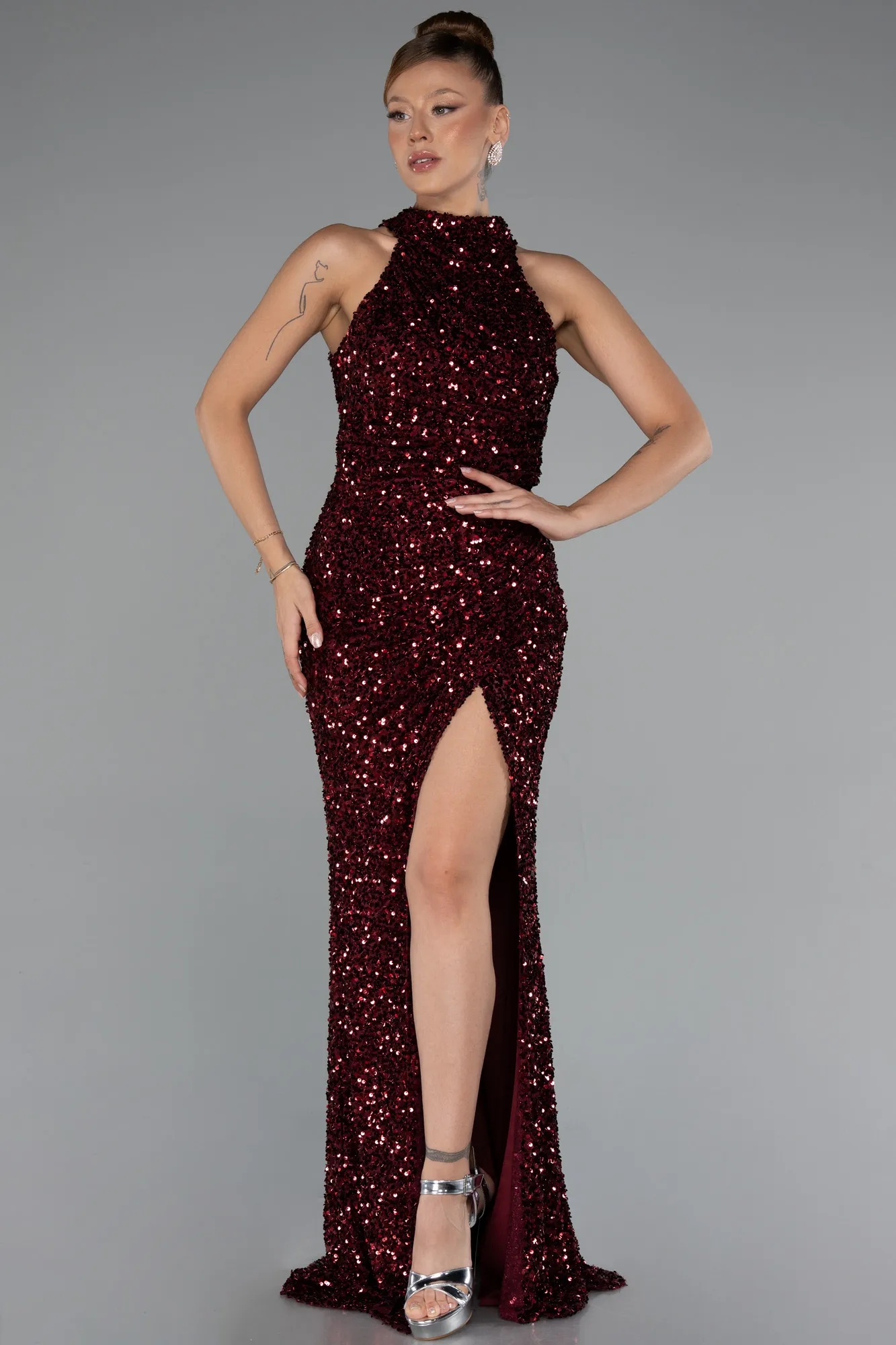 Burgundy-Long Scaly Evening Dress ABU5135