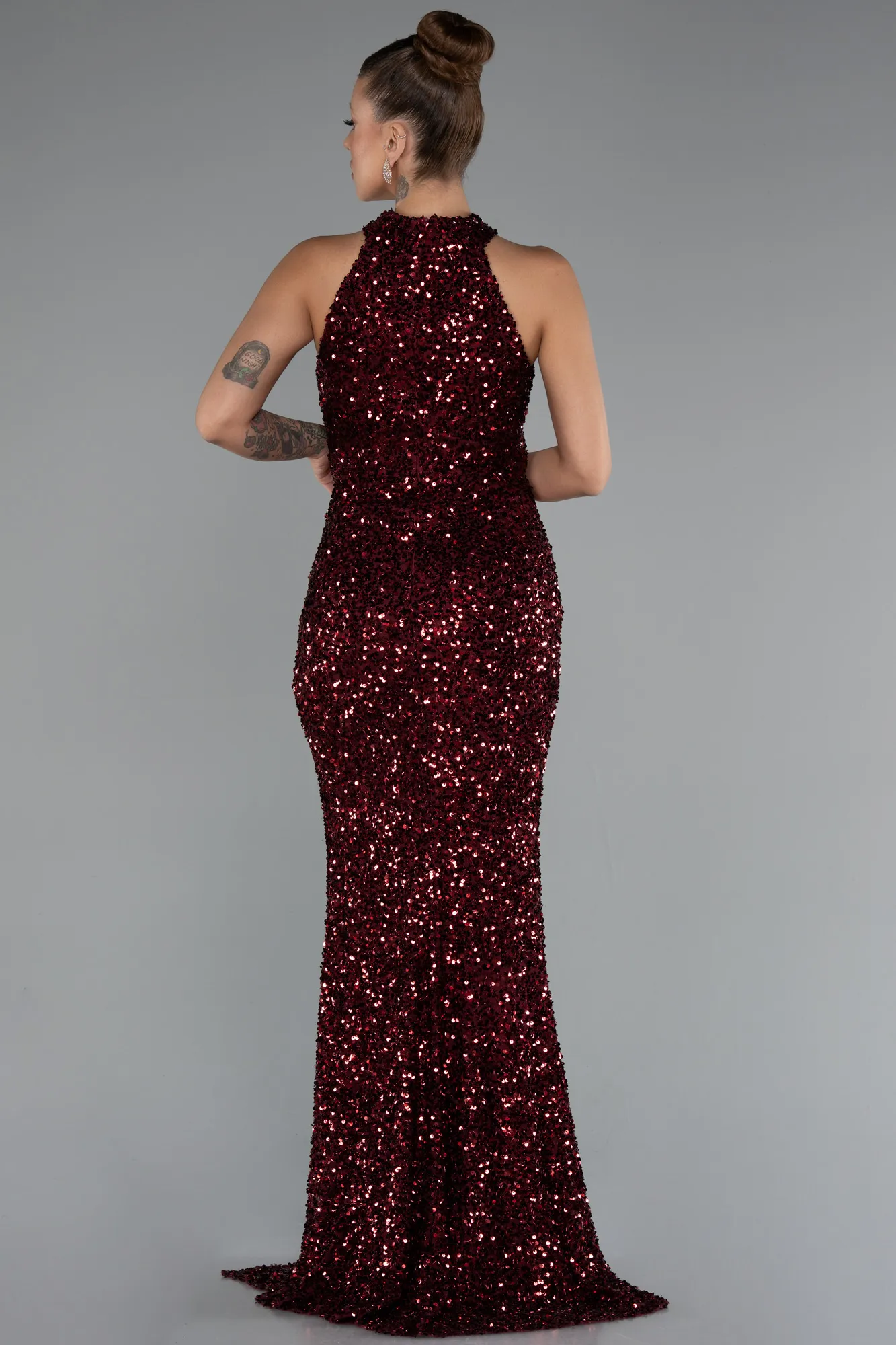 Burgundy-Long Scaly Evening Dress ABU5135