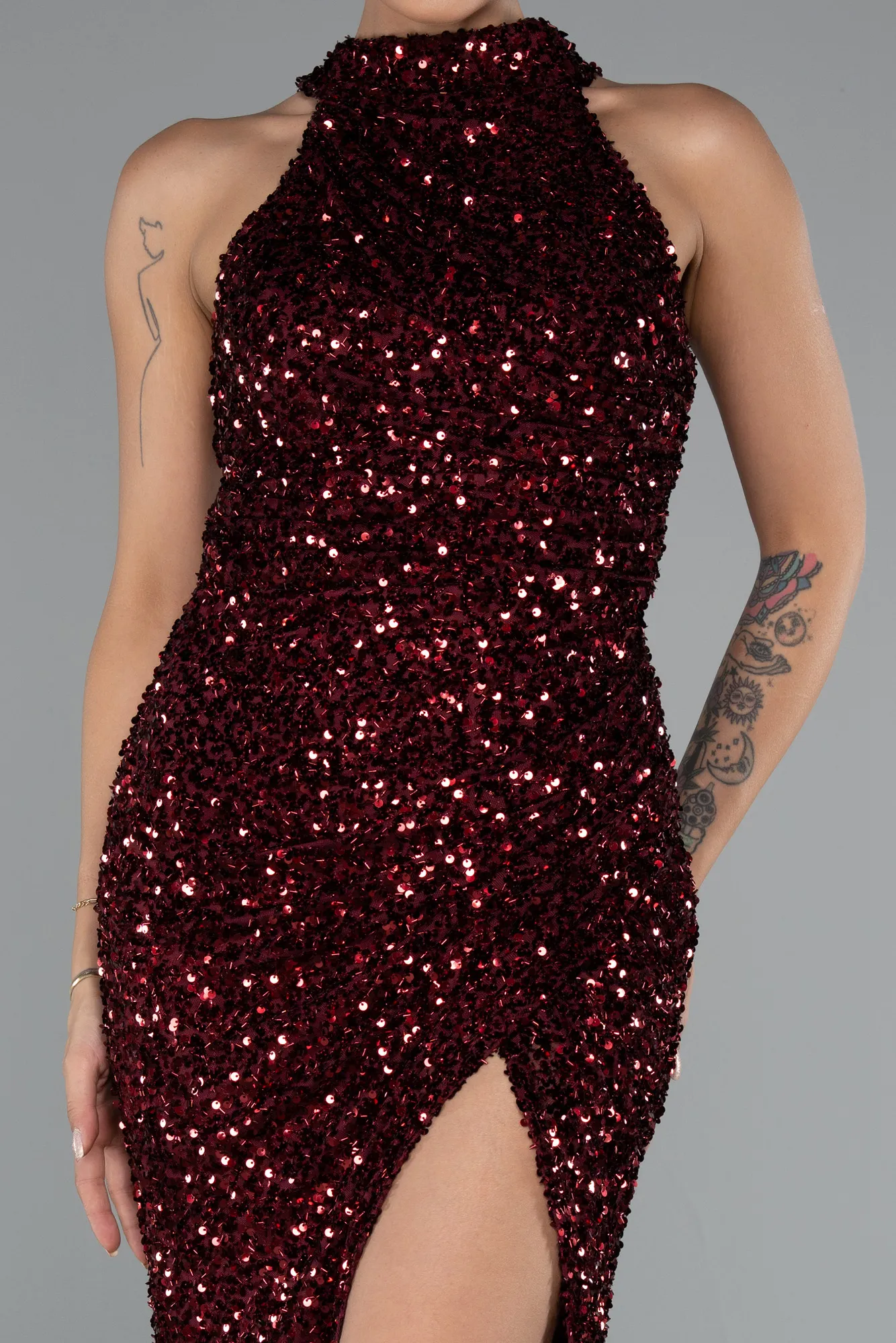 Burgundy-Long Scaly Evening Dress ABU5135