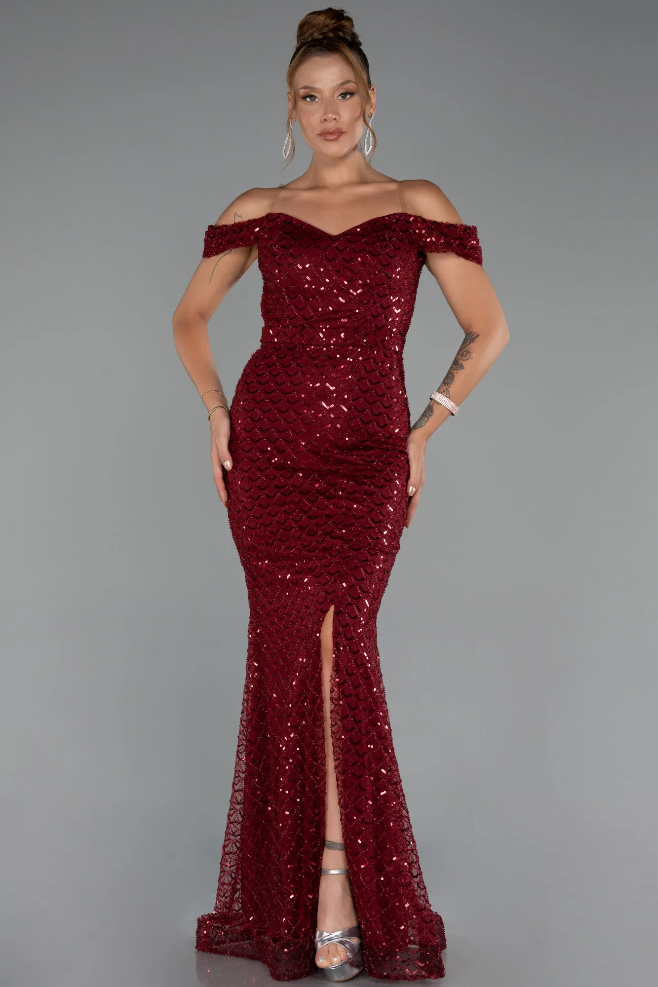 Burgundy-Long Scaly Evening Dress ABU5286