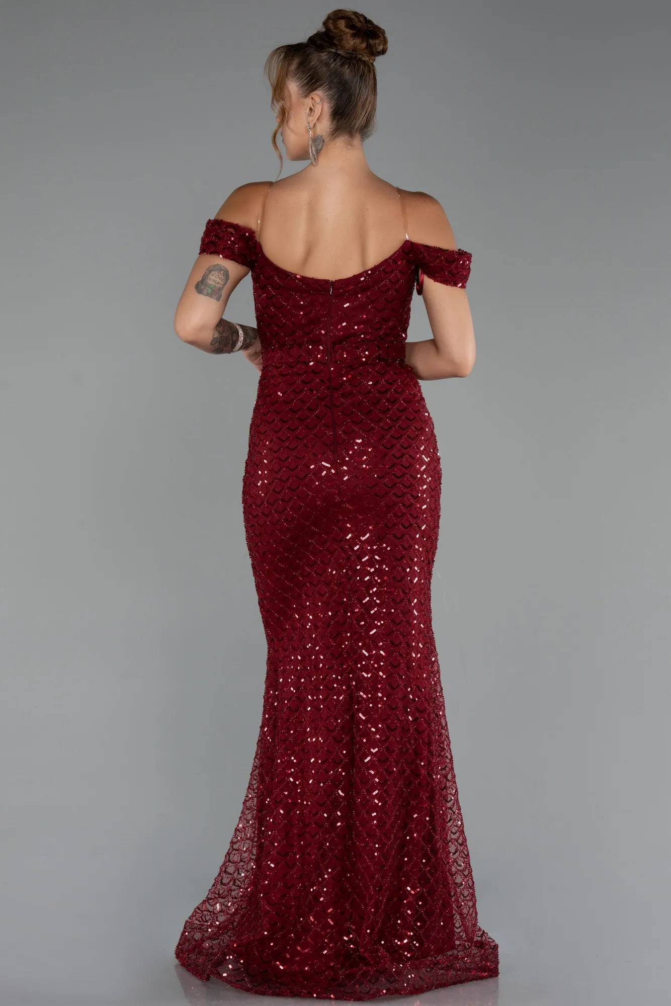 Burgundy-Long Scaly Evening Dress ABU5286