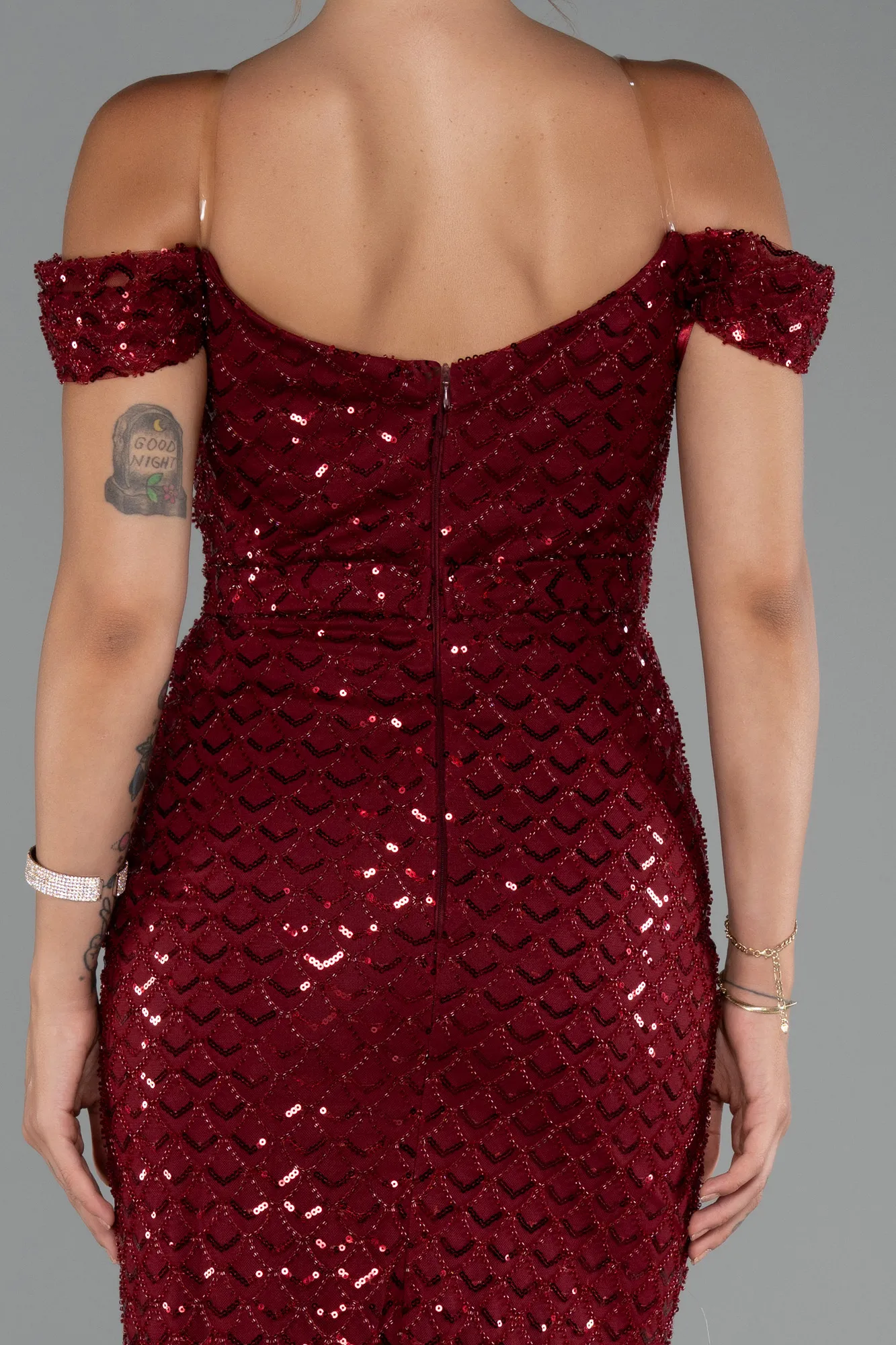 Burgundy-Long Scaly Evening Dress ABU5286