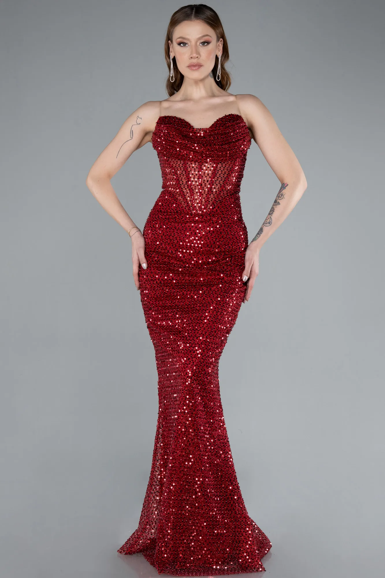 Burgundy-Long Scaly Mermaid Evening Gown ABU3970