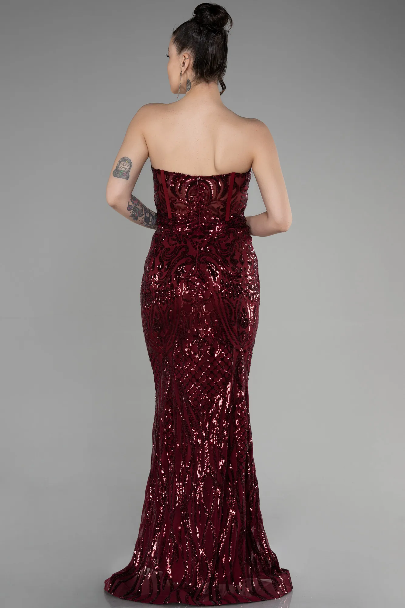 Burgundy-Long Scaly Mermaid Prom Dress ABU3550