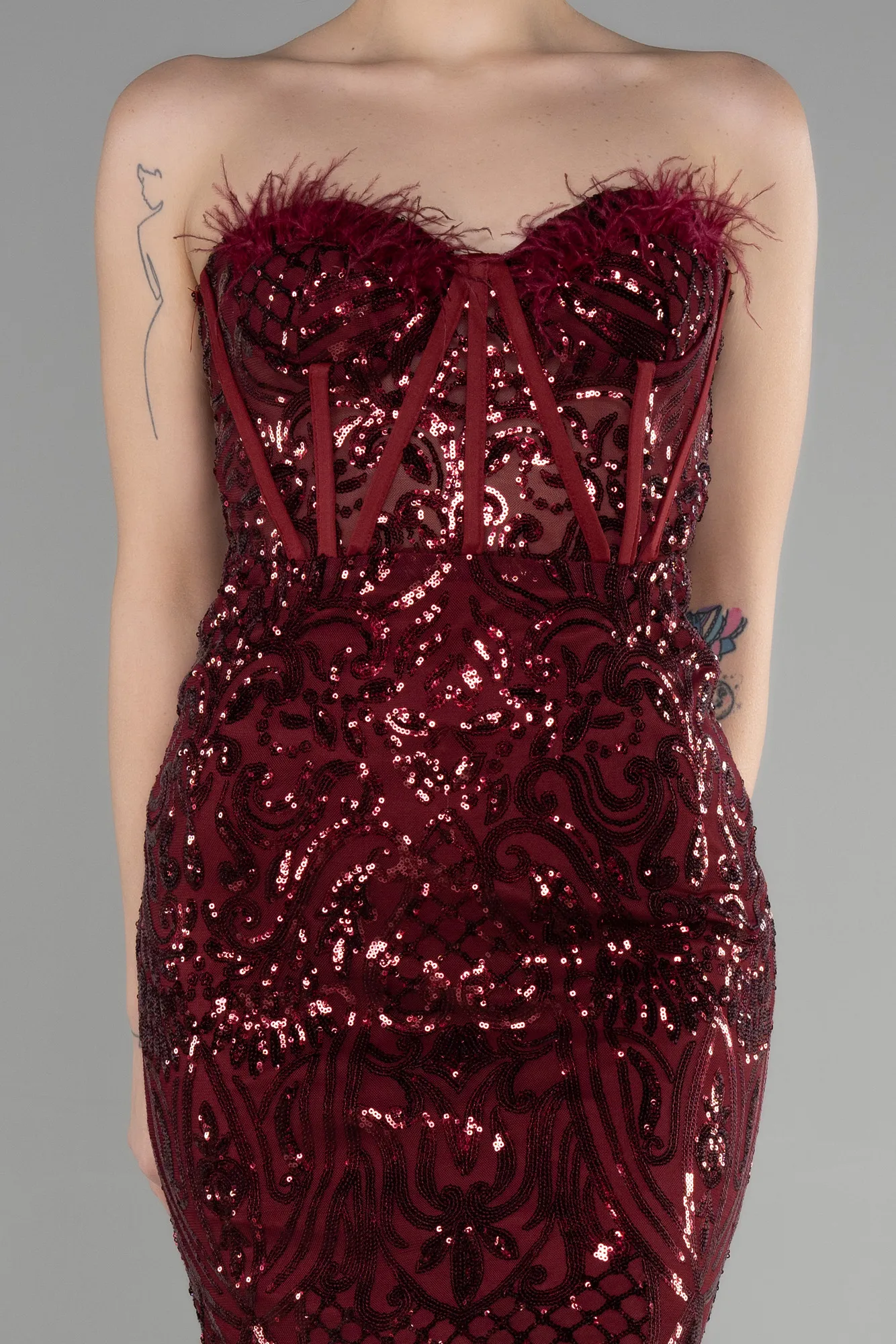 Burgundy-Long Scaly Mermaid Prom Dress ABU3550