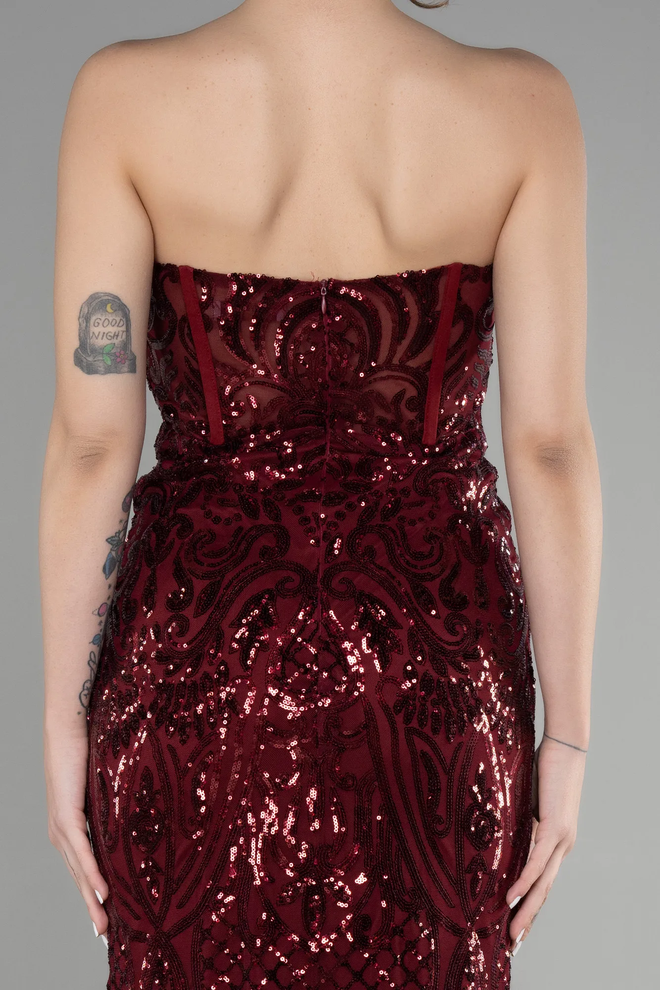 Burgundy-Long Scaly Mermaid Prom Dress ABU3550