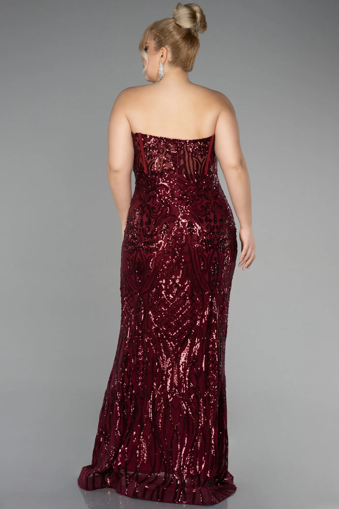 Burgundy-Long Scaly Plus Size Engagement Dress ABU3552