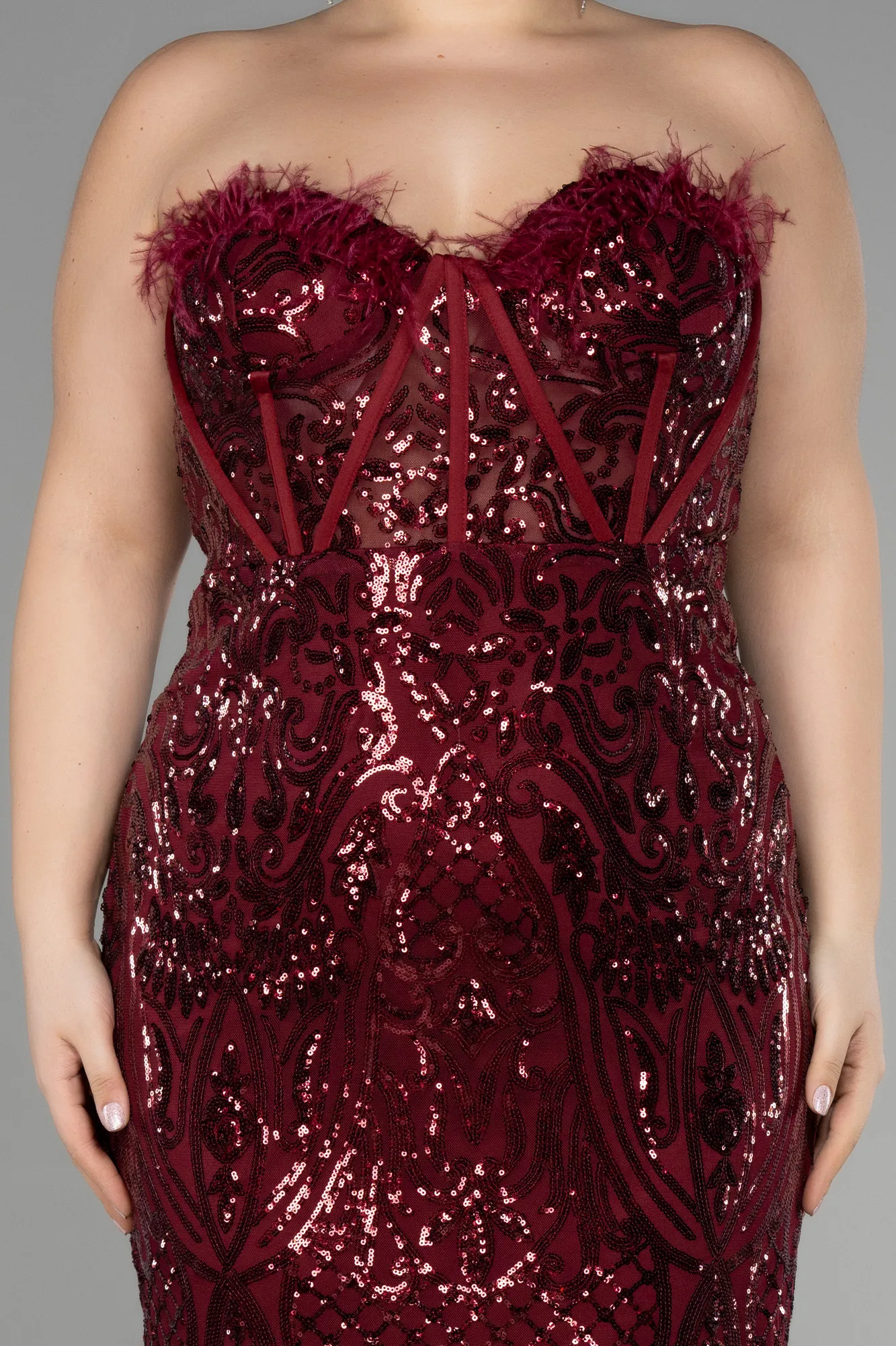Burgundy-Long Scaly Plus Size Engagement Dress ABU3552