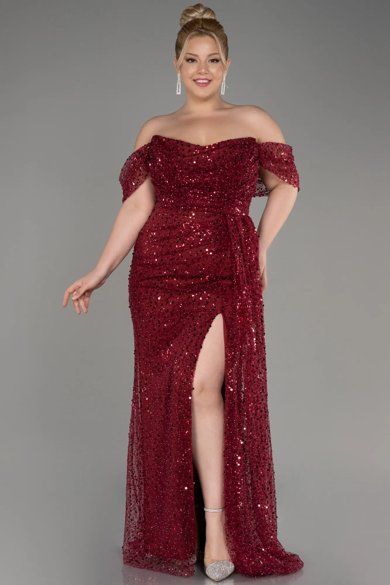Burgundy-Long Scaly Plus Size Engagement Dress ABU3579