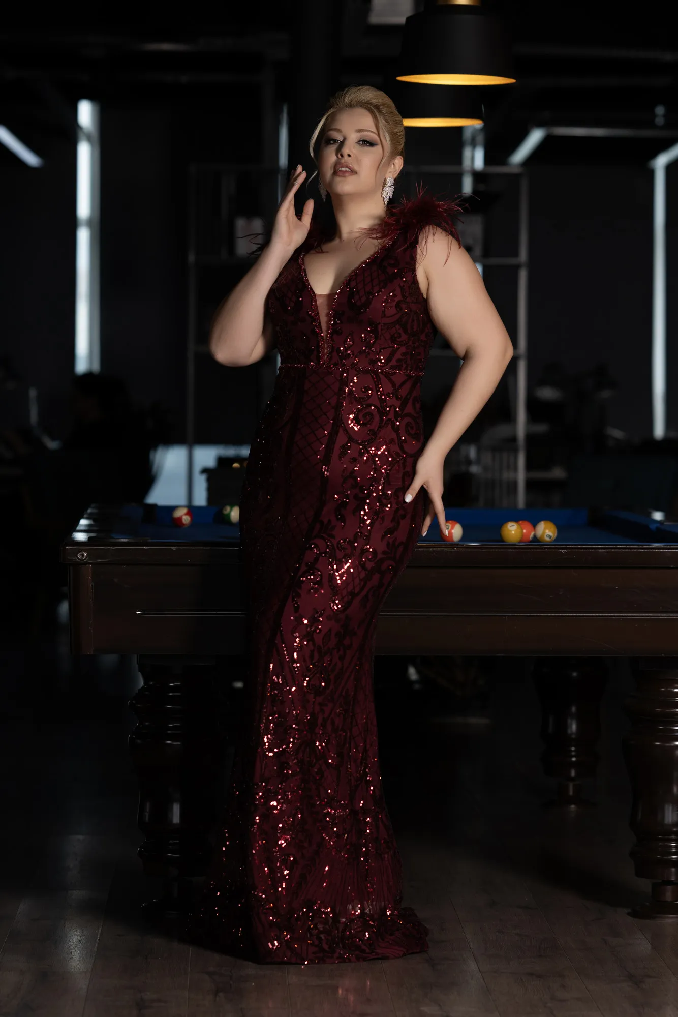 Burgundy-Long Scaly Plus Size Engagement Dress ABU3671