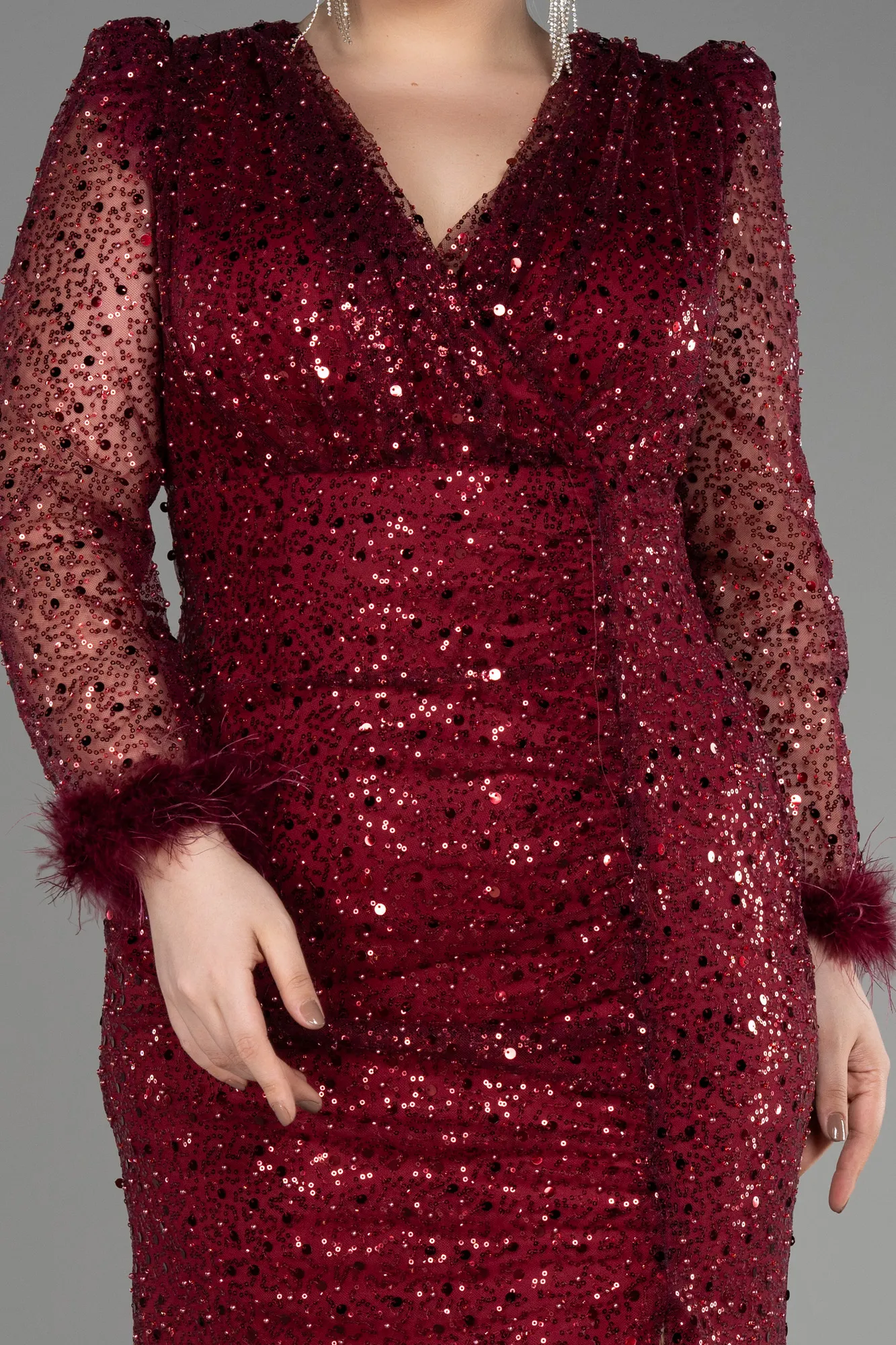 Burgundy-Long Scaly Plus Size Engagement Dress ABU3790