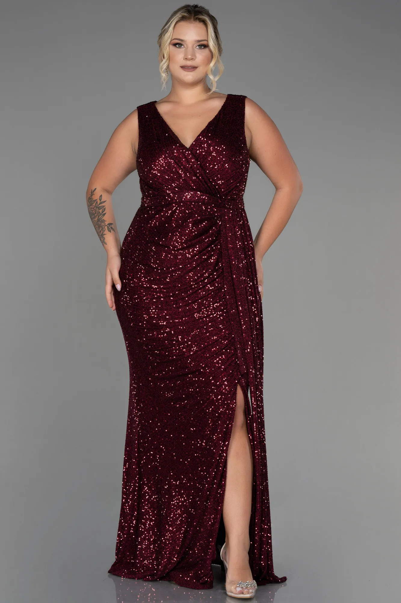 Burgundy-Long Scaly Plus Size Evening Dress ABU3194