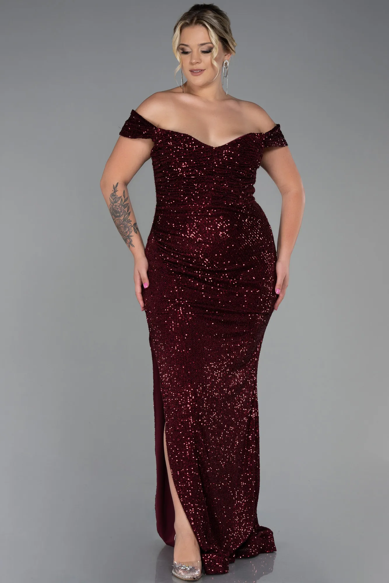 Burgundy-Long Scaly Plus Size Evening Dress ABU3203