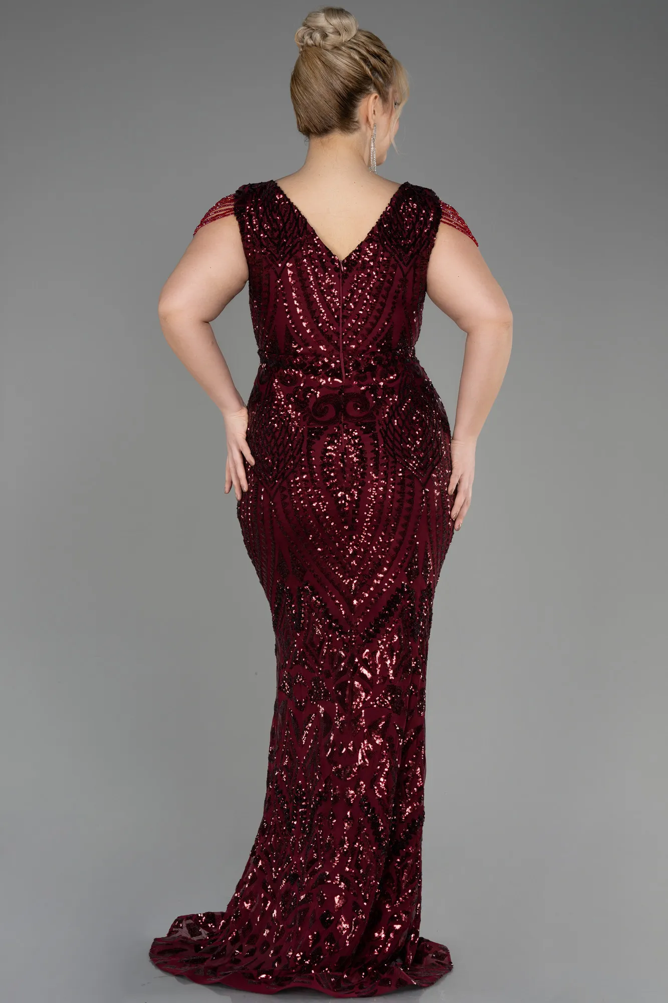 Burgundy-Long Scaly Plus Size Evening Dress ABU3845