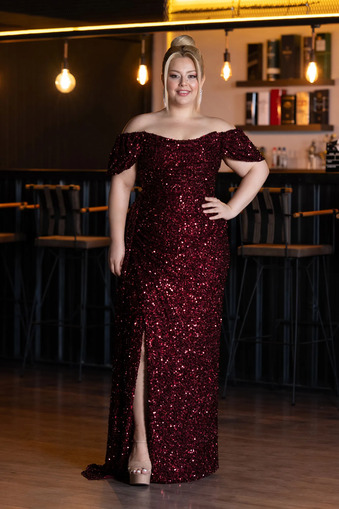 Burgundy-Long Scaly Plus Size Evening Gown ABU4863