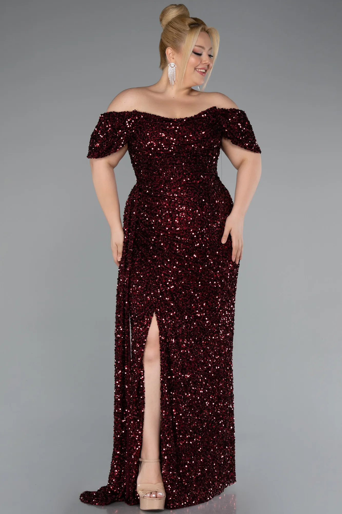 Burgundy-Long Scaly Plus Size Evening Gown ABU4863