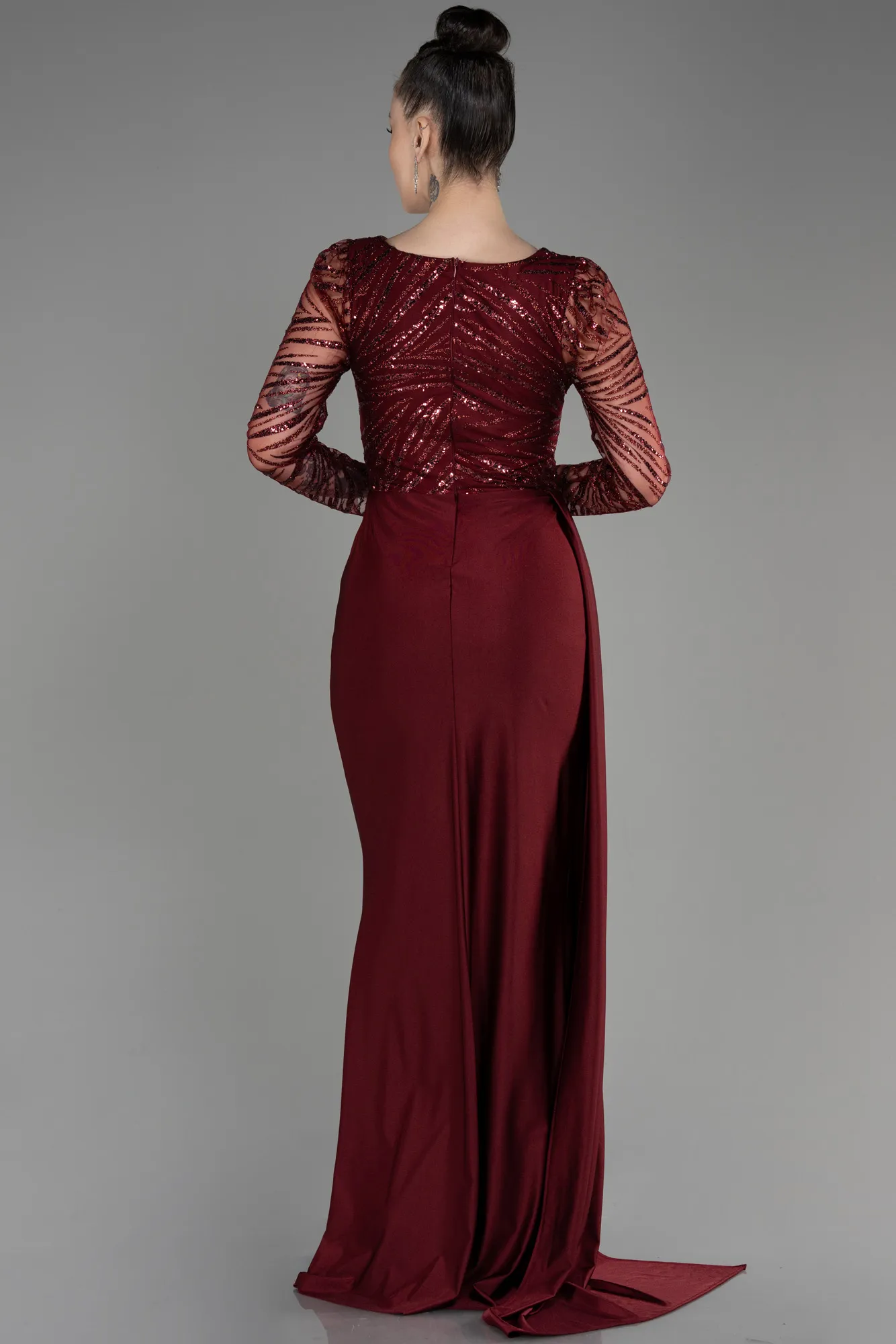 Burgundy-Long Sleeve Evening Dress ABU3834