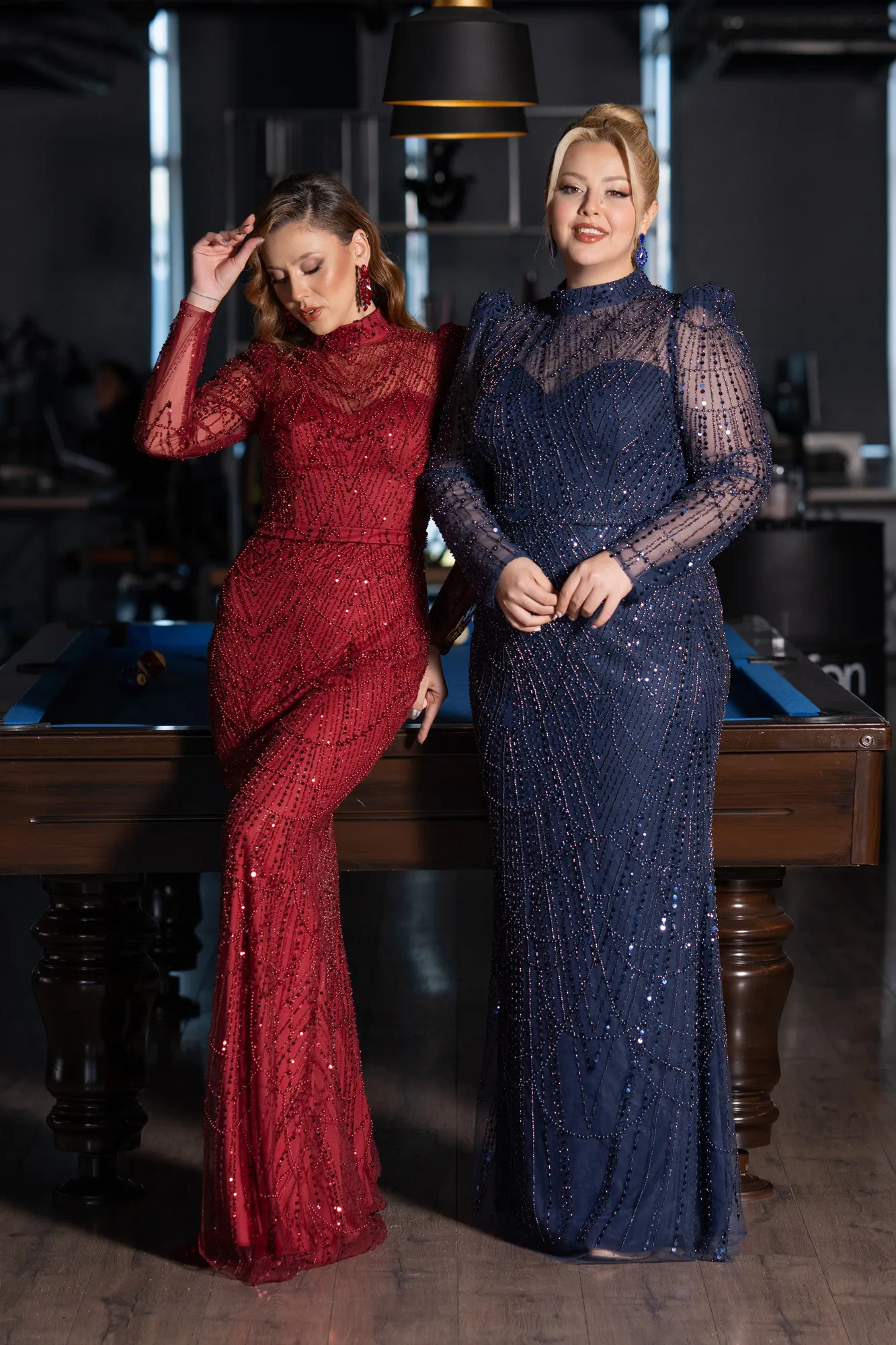 Burgundy-Long Sleeve High Collar Stoned Evening Gown ABU4526