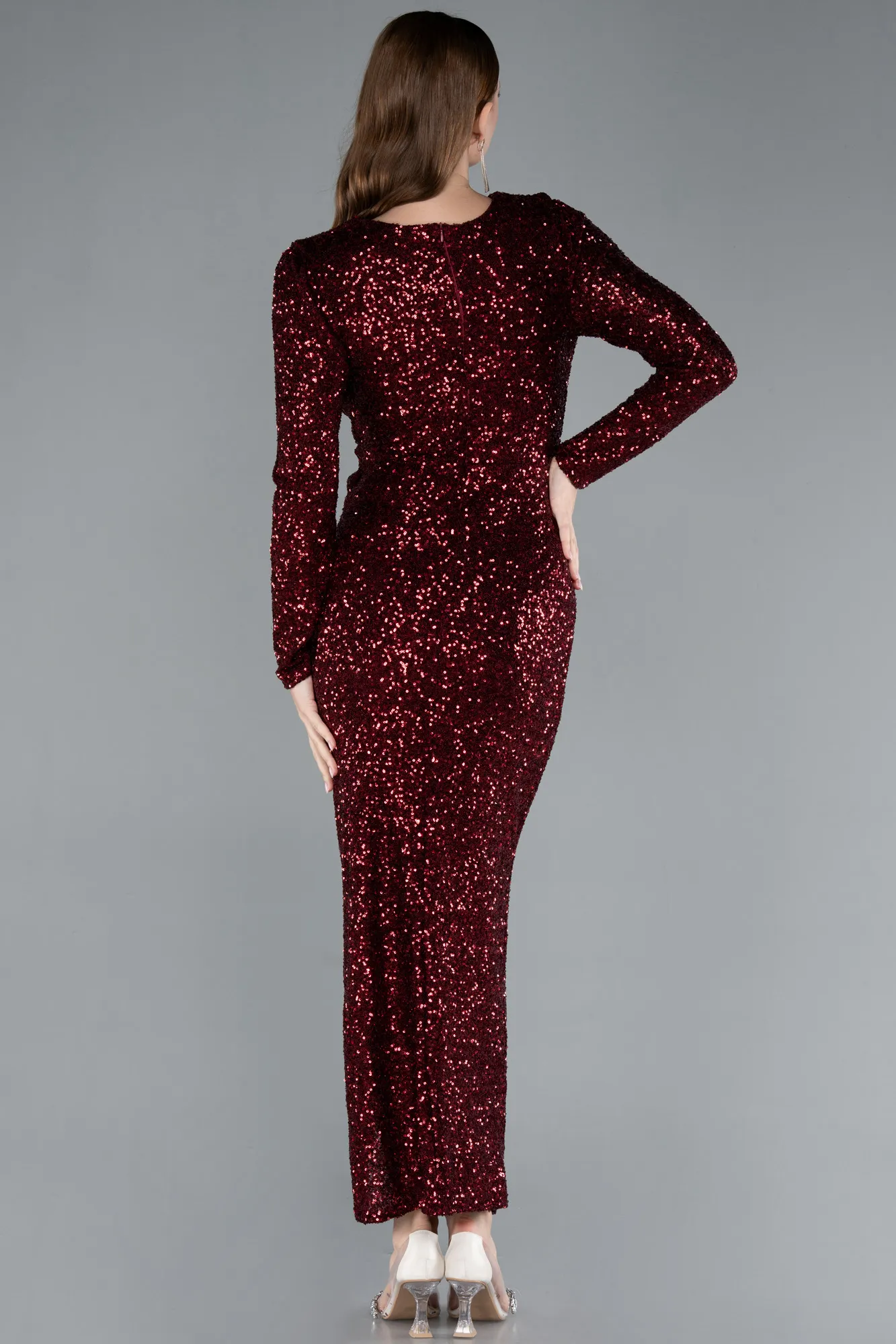 Burgundy-Long Sleeve Neck Sequin Midi Cocktail Dress ABK2284